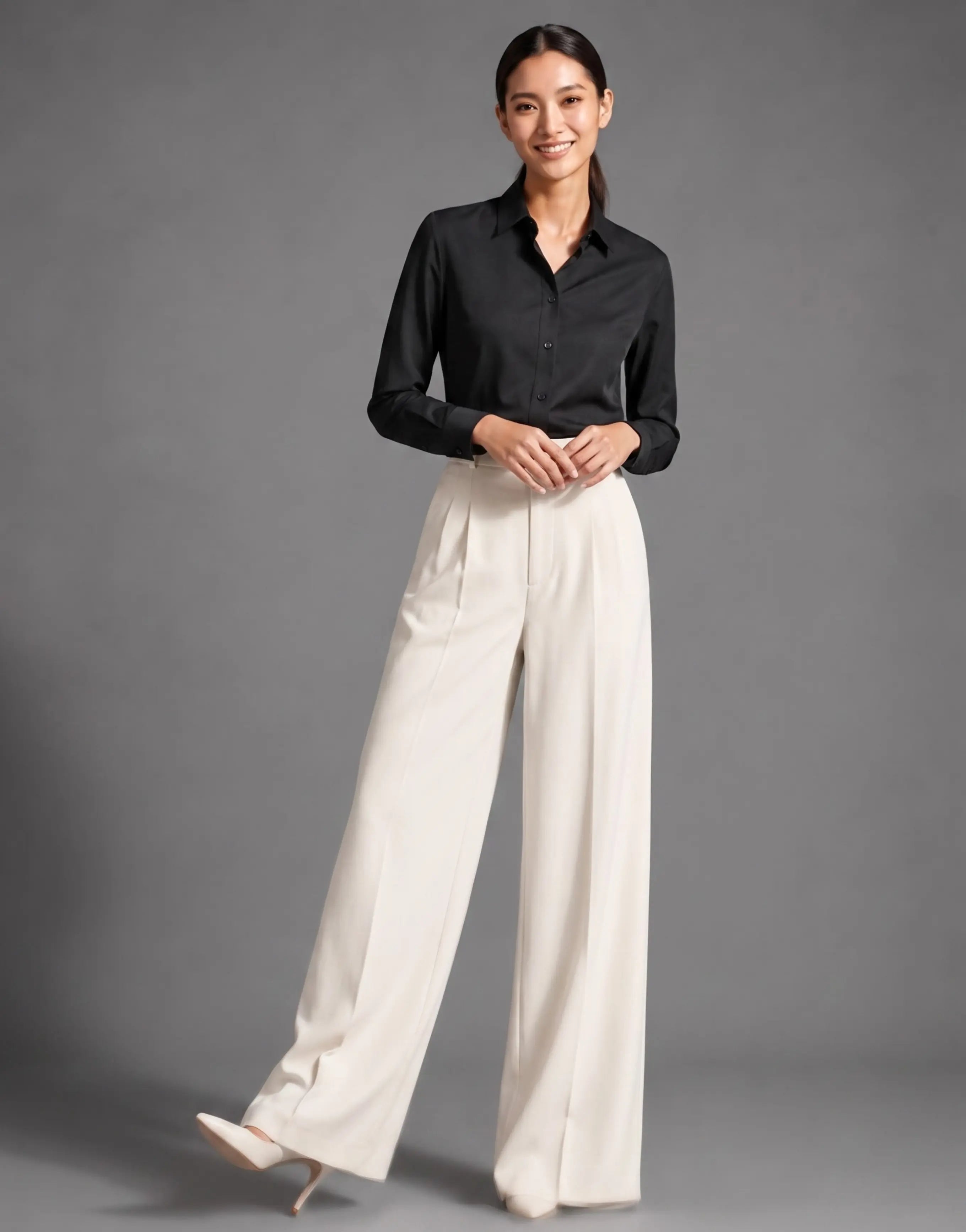 SGW Off White Tailored Wide-Leg Pants with Elastic Back Belt