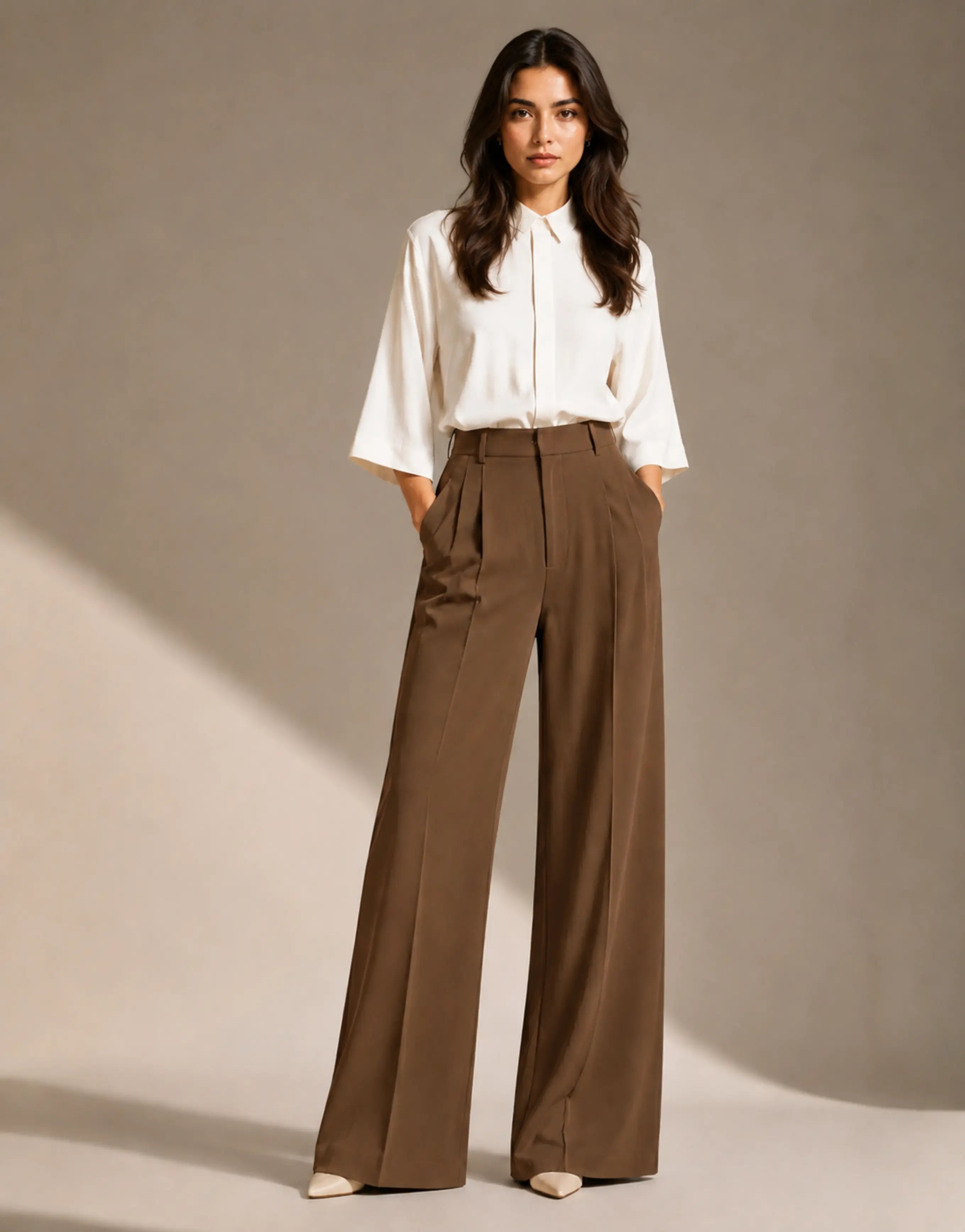 SGW Earth Brown Tailored Wide-Leg Pants with Elastic Back Belt