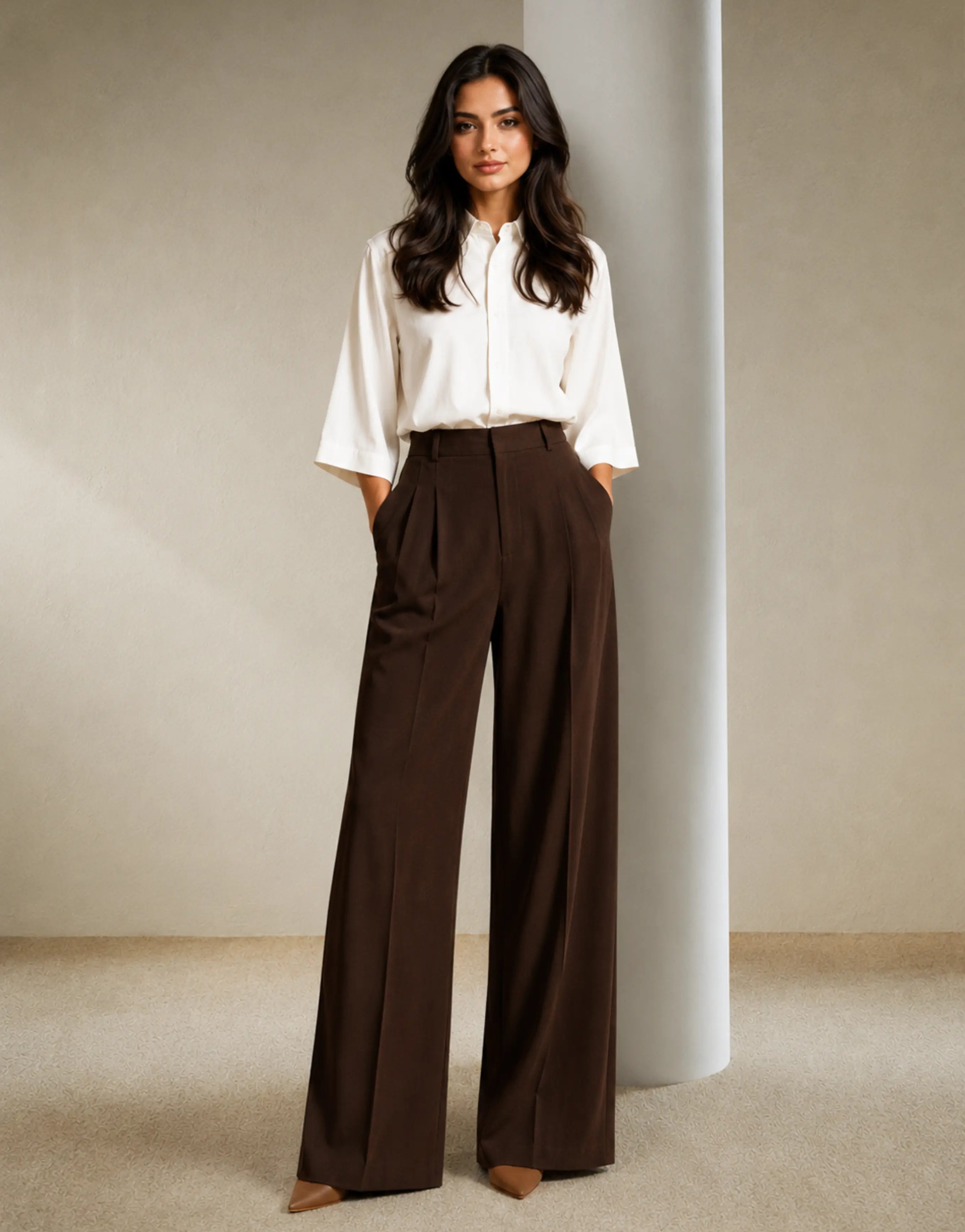 SGW Mocha Brown Tailored Wide-Leg Pants with Elastic Back Belt - SelectGraceWear
