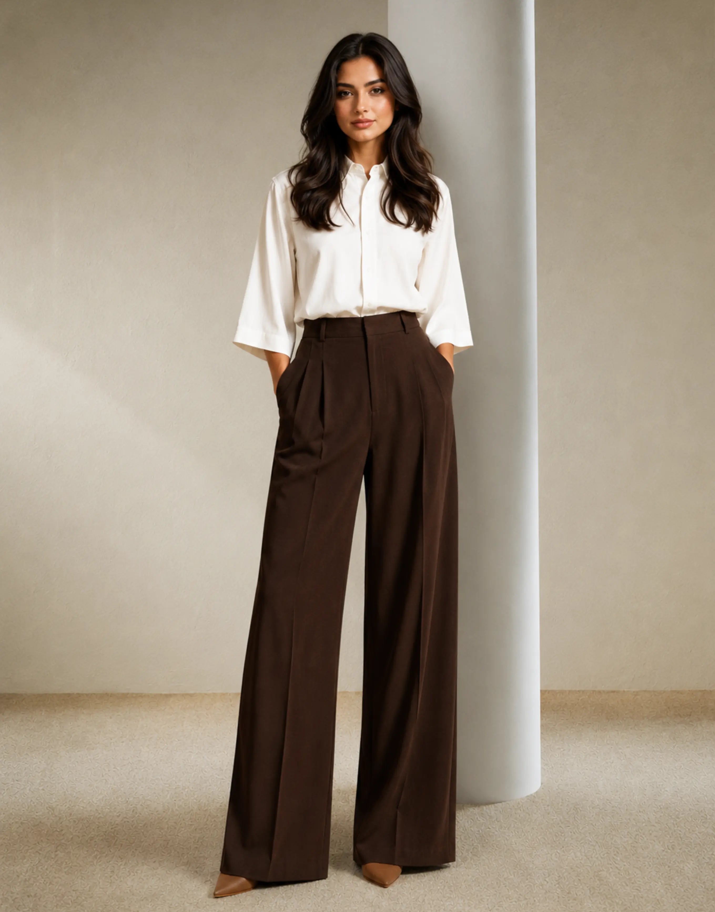 SGW Mocha Brown Tailored Wide-Leg Pants with Elastic Back Belt - SelectGraceWear