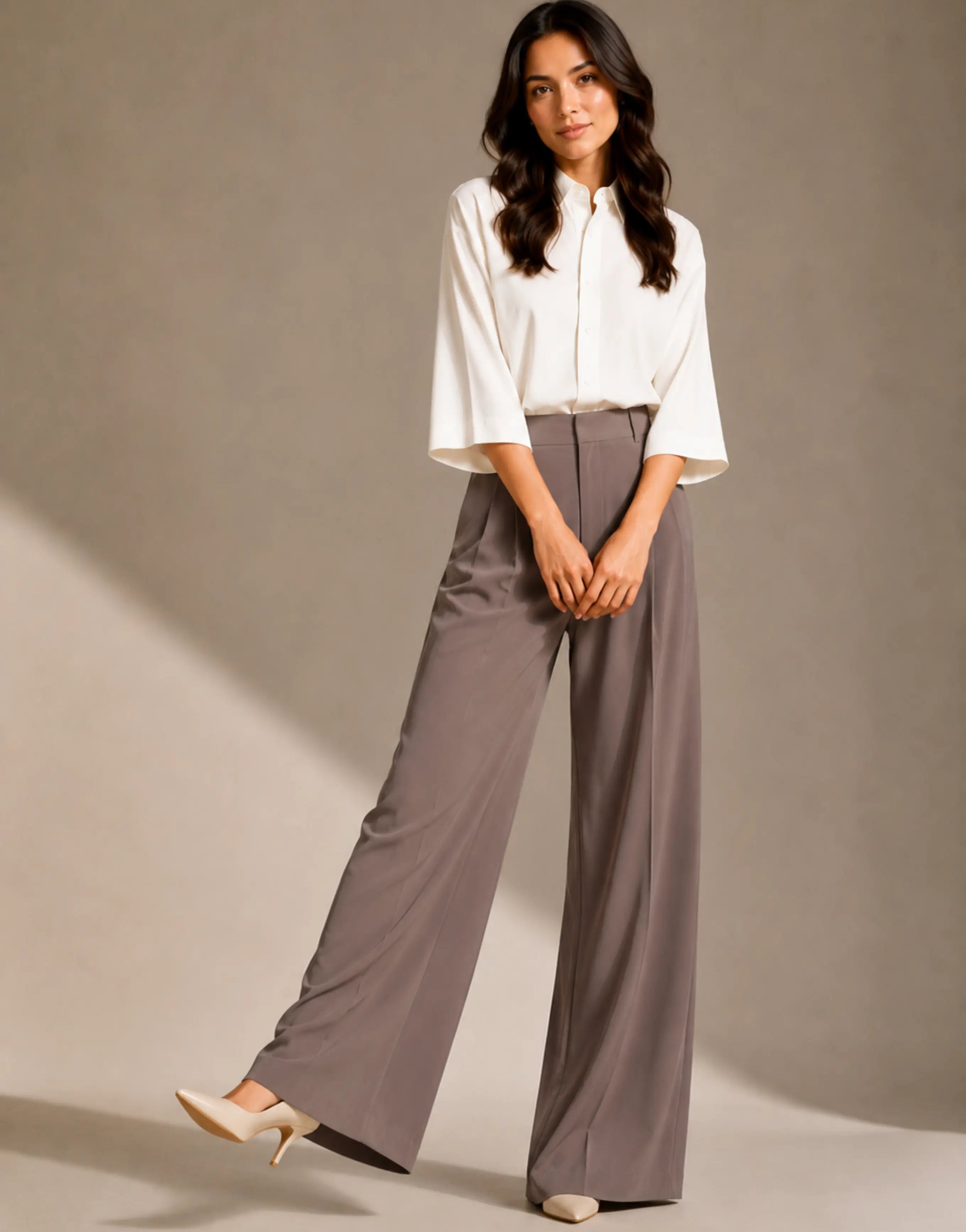 SGW Earth Brown Tailored Wide-Leg Pants with Elastic Back Belt