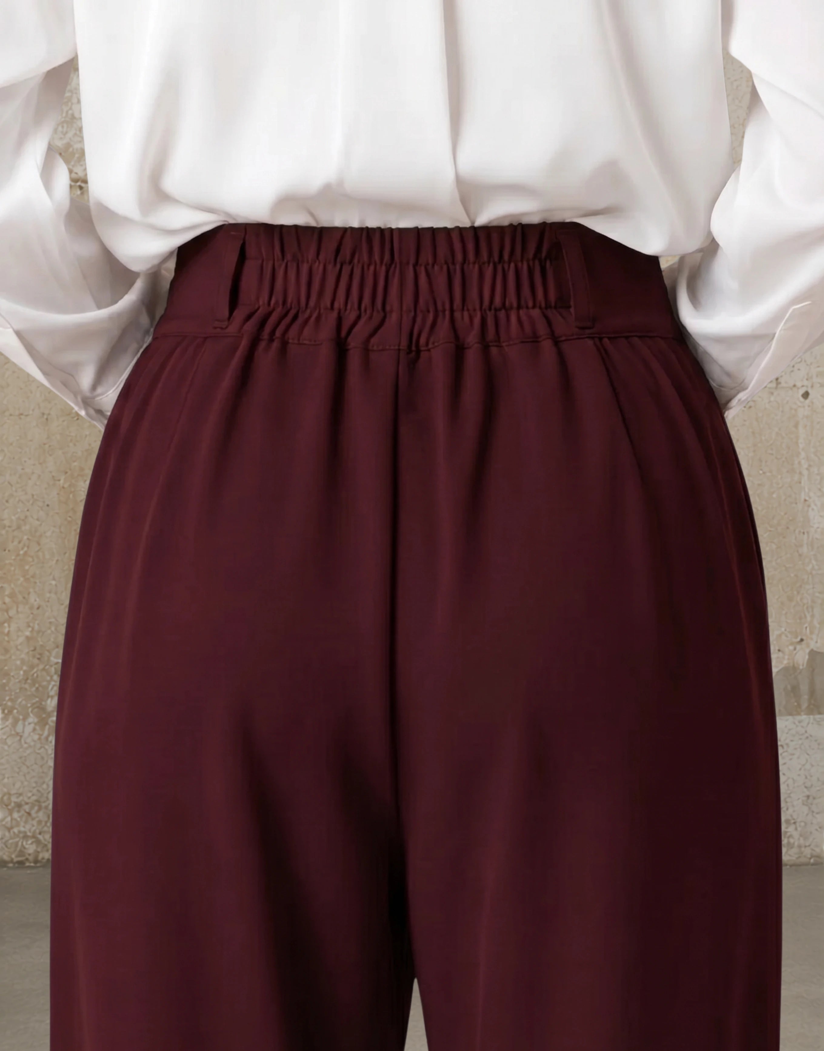 SGW Burgundy Tailored Wide-Leg Pants with Elastic Back Belt - SelectGraceWear