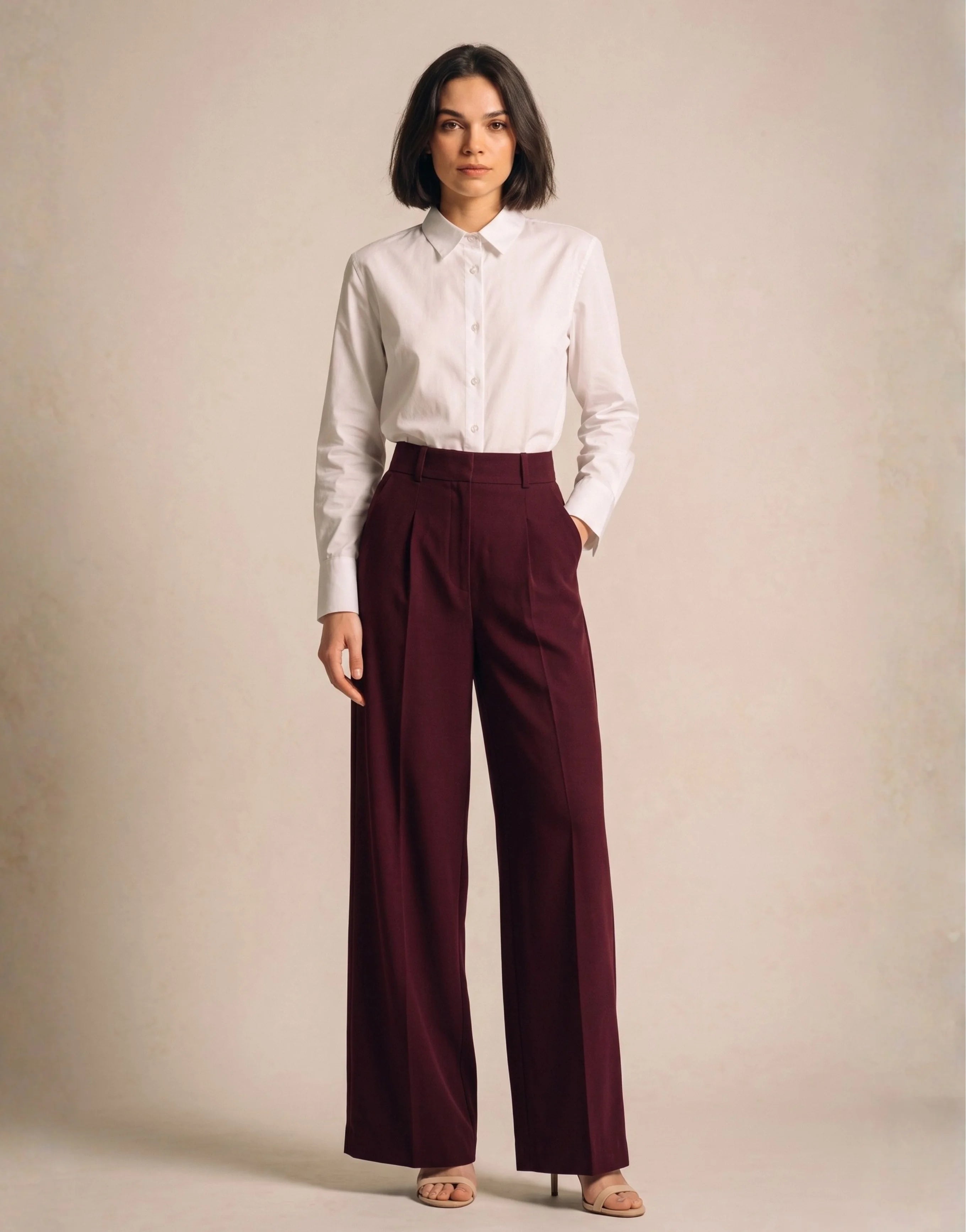 SGW Burgundy Tailored Wide-Leg Pants with Elastic Back Belt - SelectGraceWear
