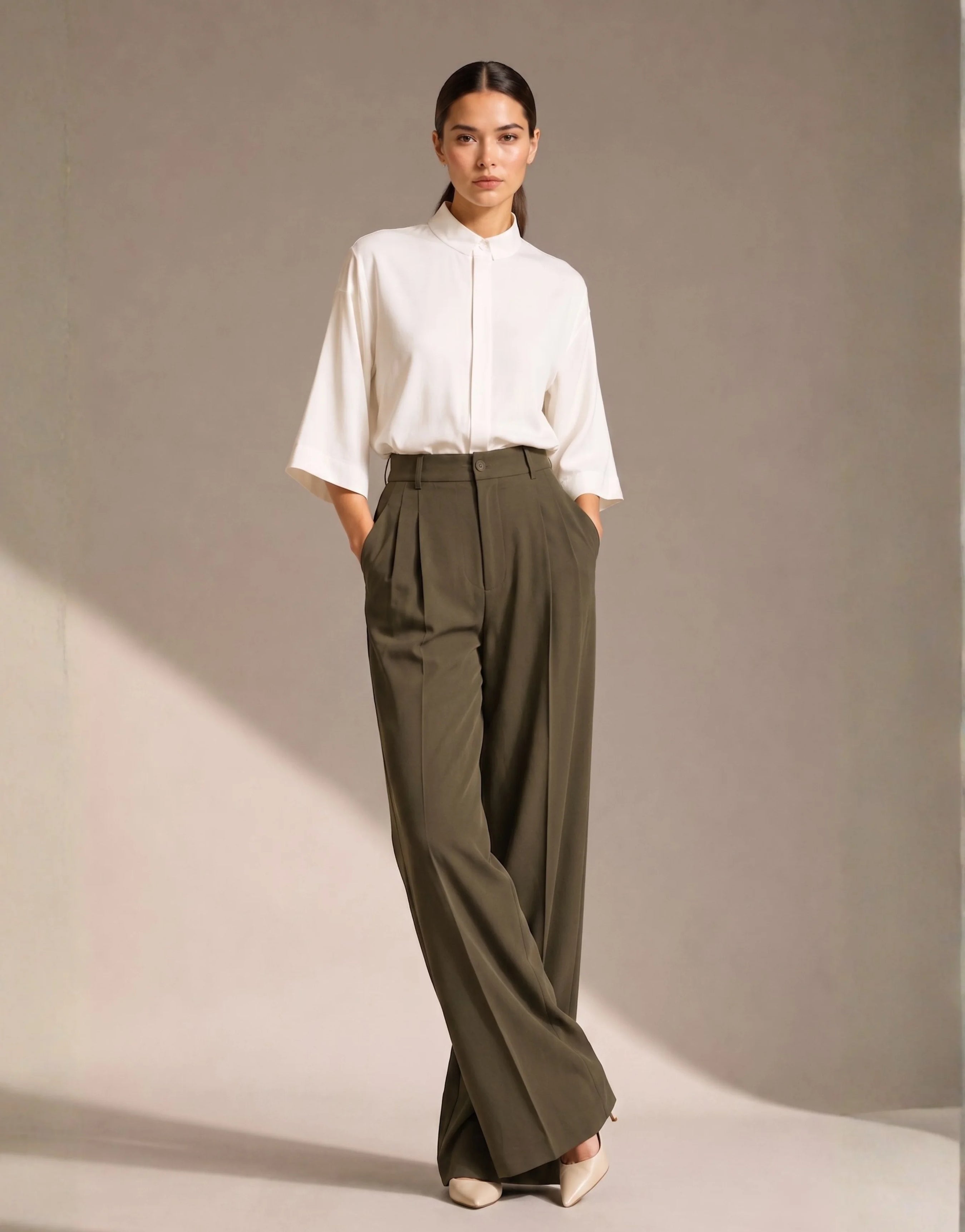 SGW Olive Green Tailored Wide-Leg Pants with Elastic Back Belt