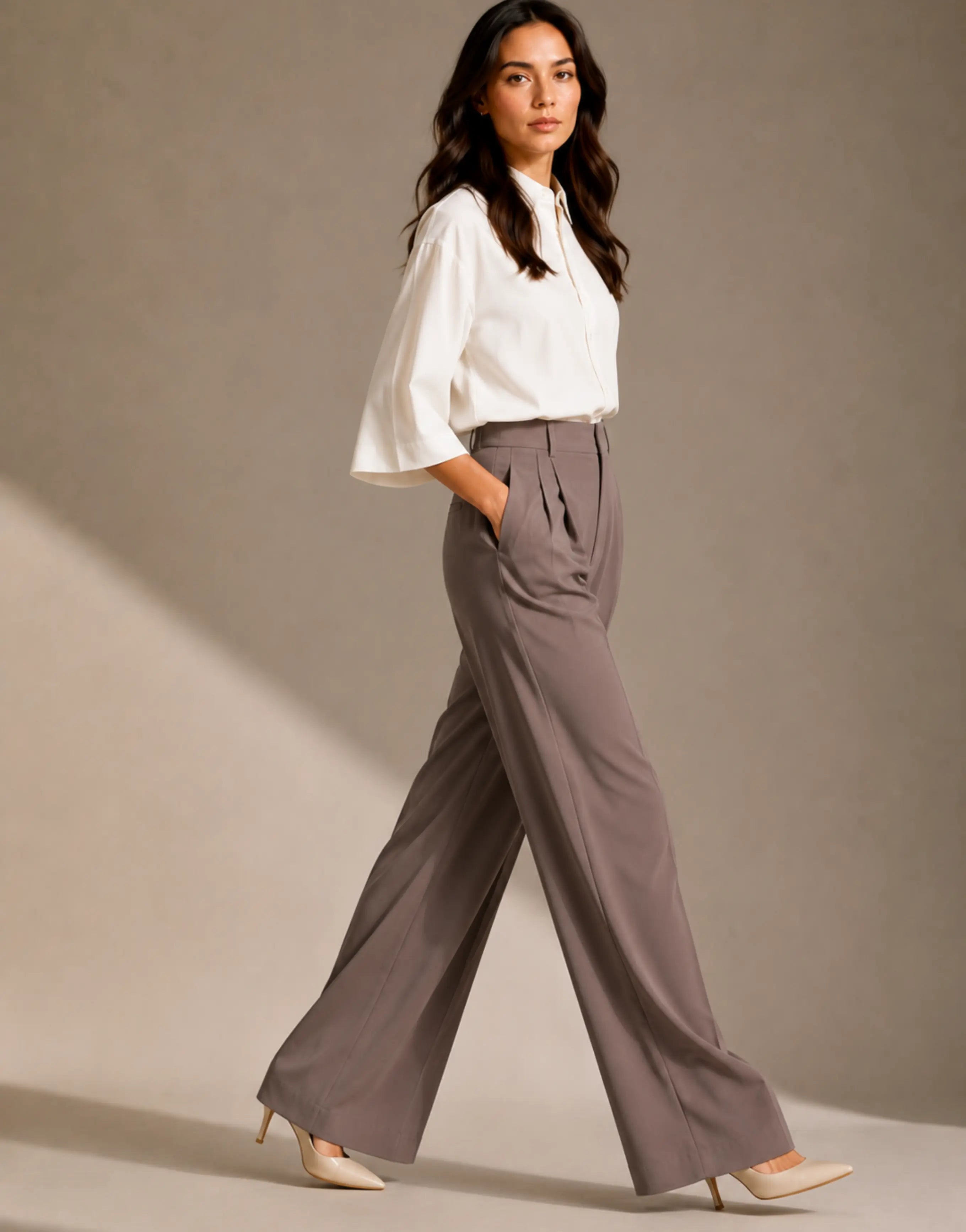 SGW Earth Brown Tailored Wide-Leg Pants with Elastic Back Belt
