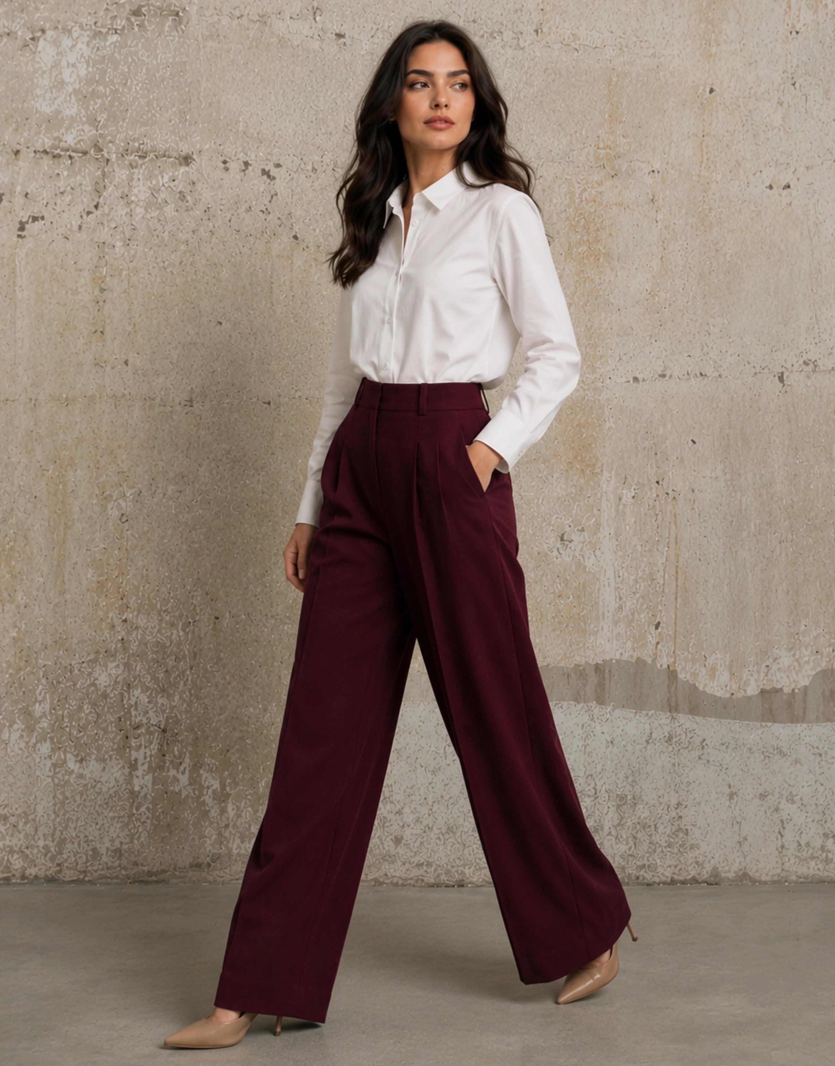 SGW Burgundy Tailored Wide-Leg Pants with Elastic Back Belt - SelectGraceWear