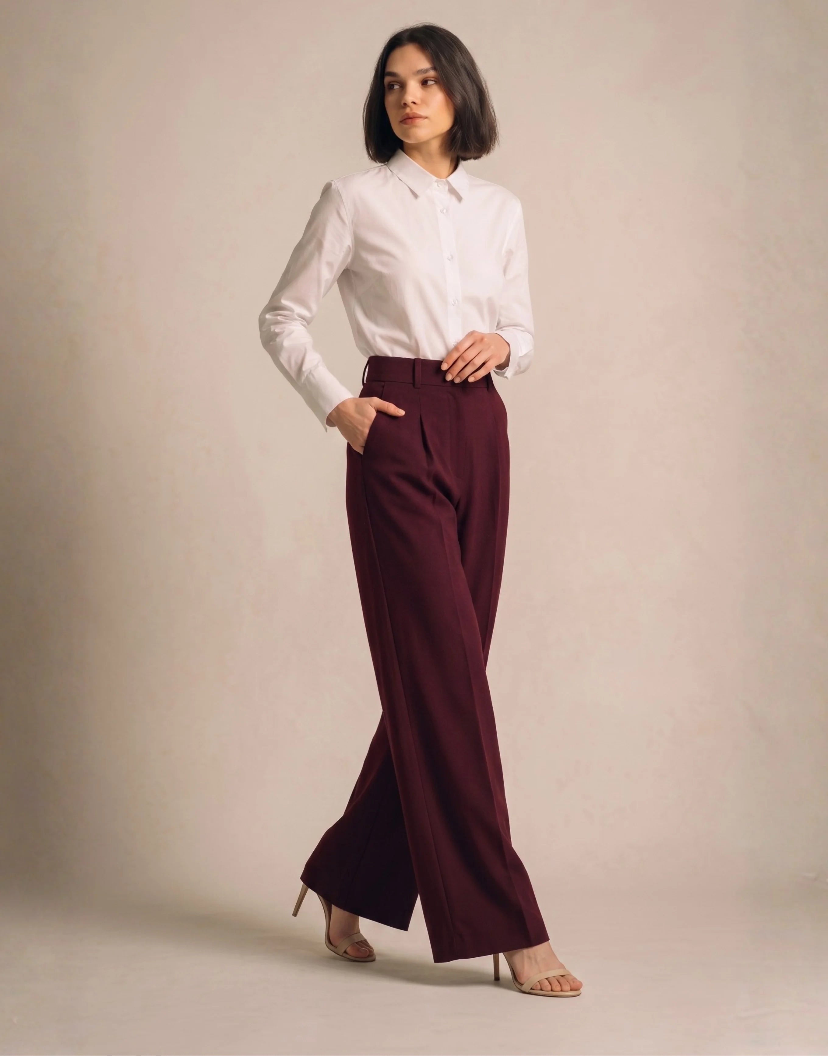 SGW Burgundy Tailored Wide-Leg Pants with Elastic Back Belt - SelectGraceWear