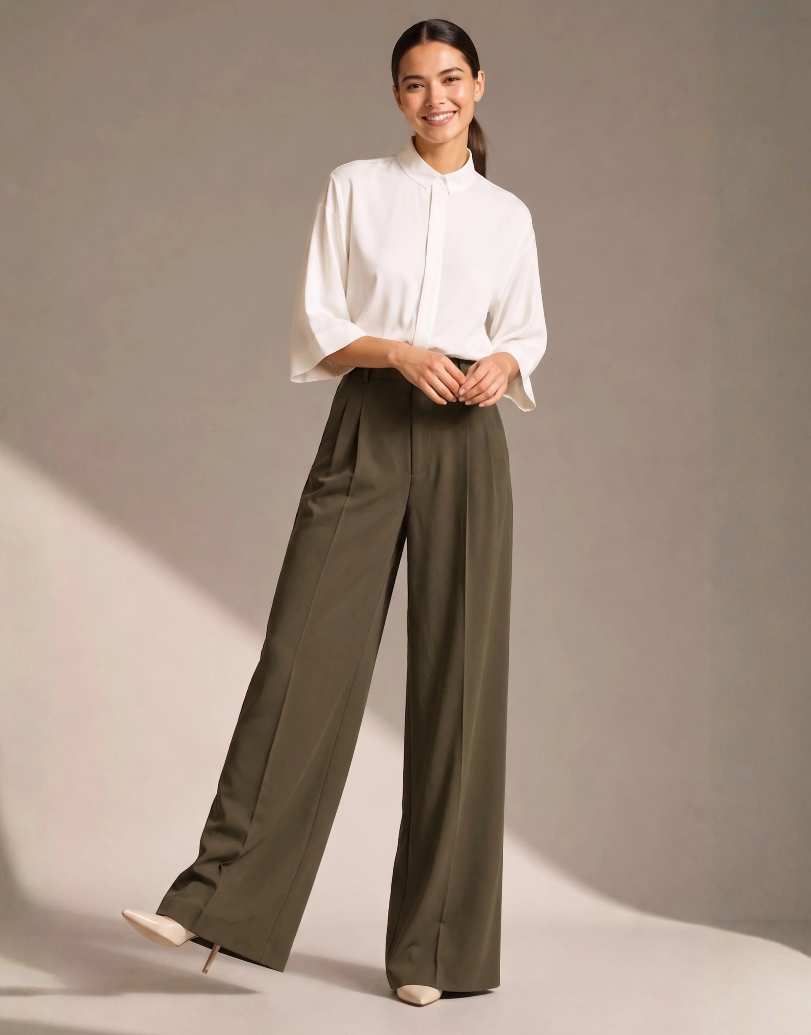 SGW Olive Green Tailored Wide-Leg Pants with Elastic Back Belt