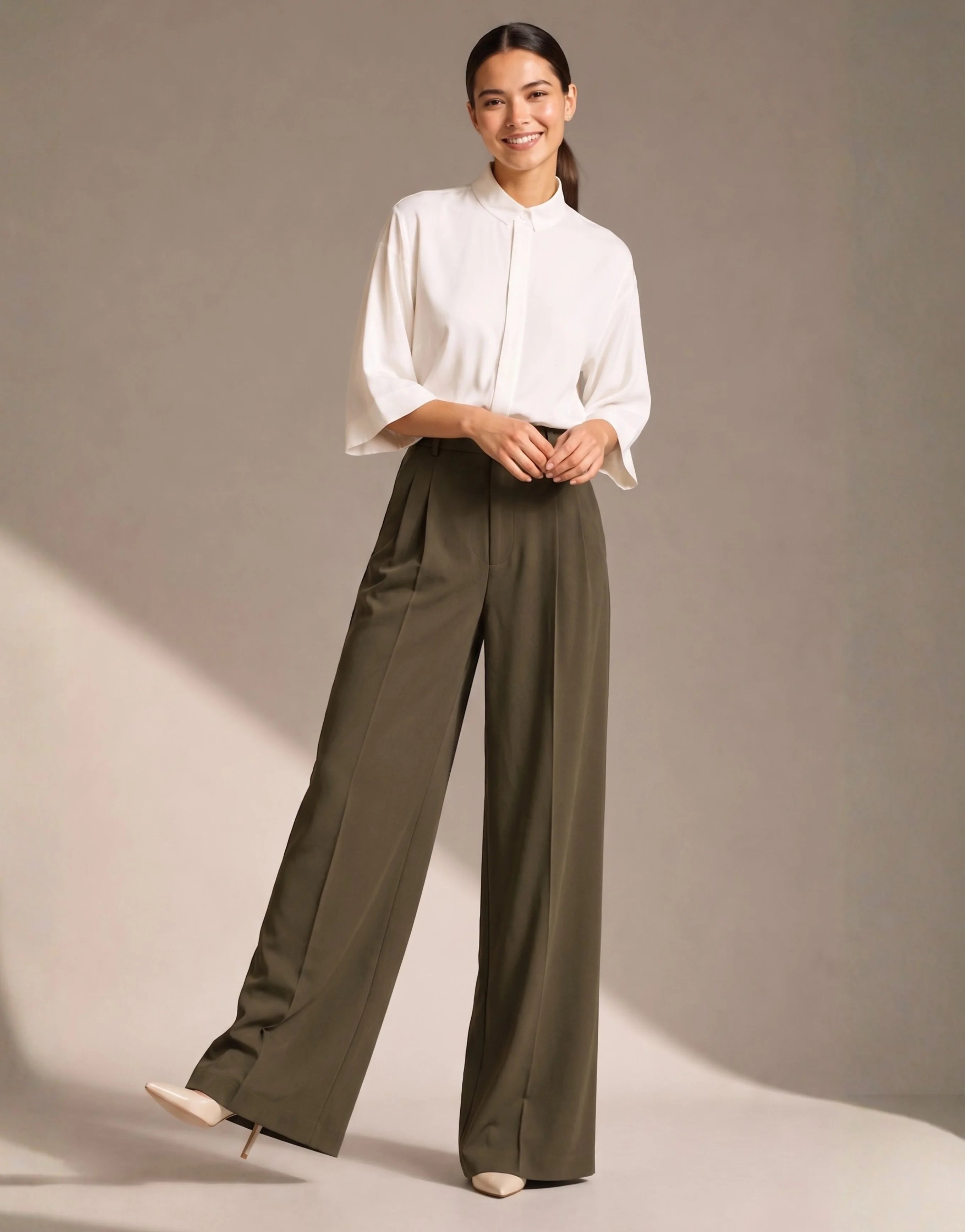 SGW Olive Green Tailored Wide-Leg Pants with Elastic Back Belt