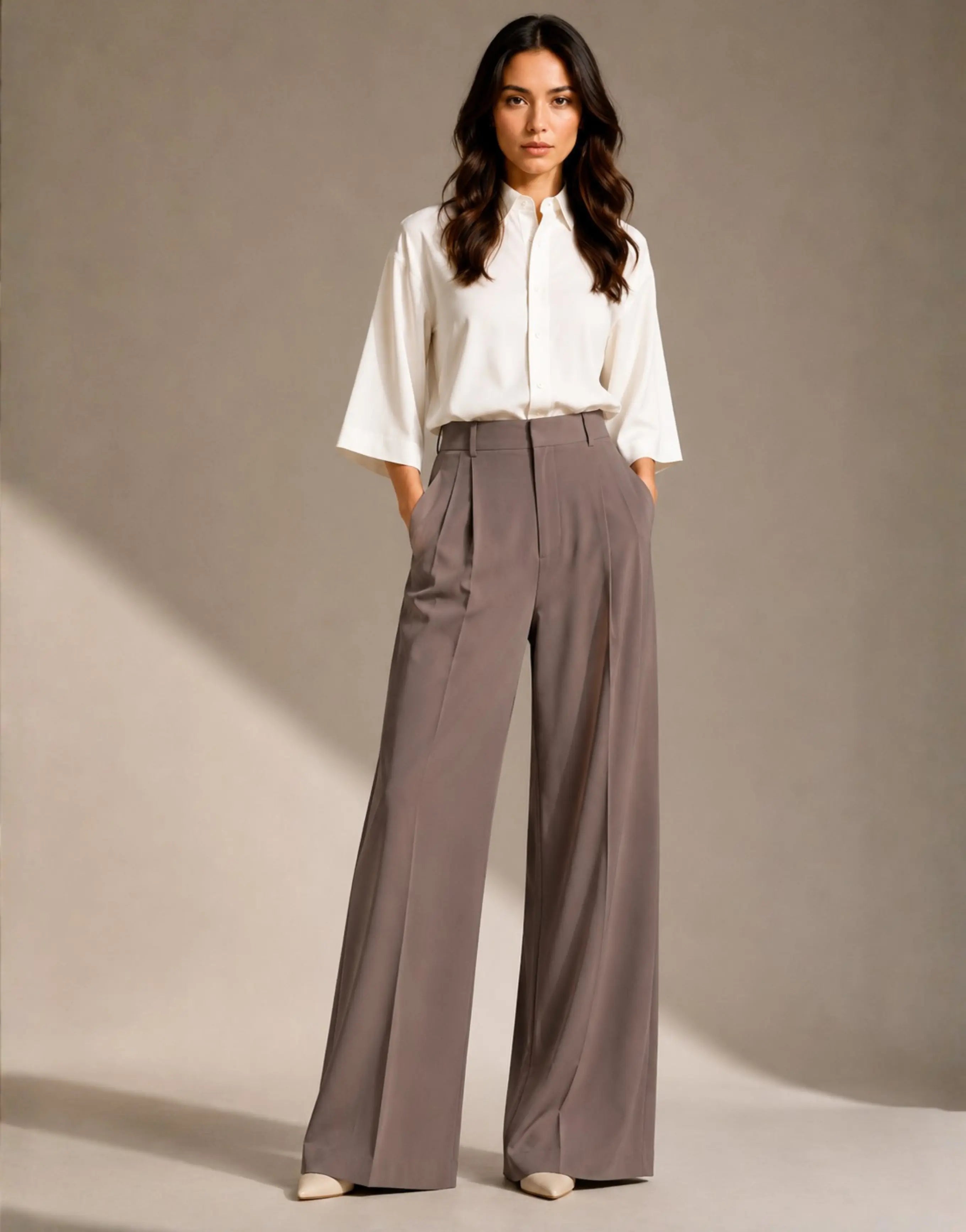 SGW Earth Brown Tailored Wide-Leg Pants with Elastic Back Belt