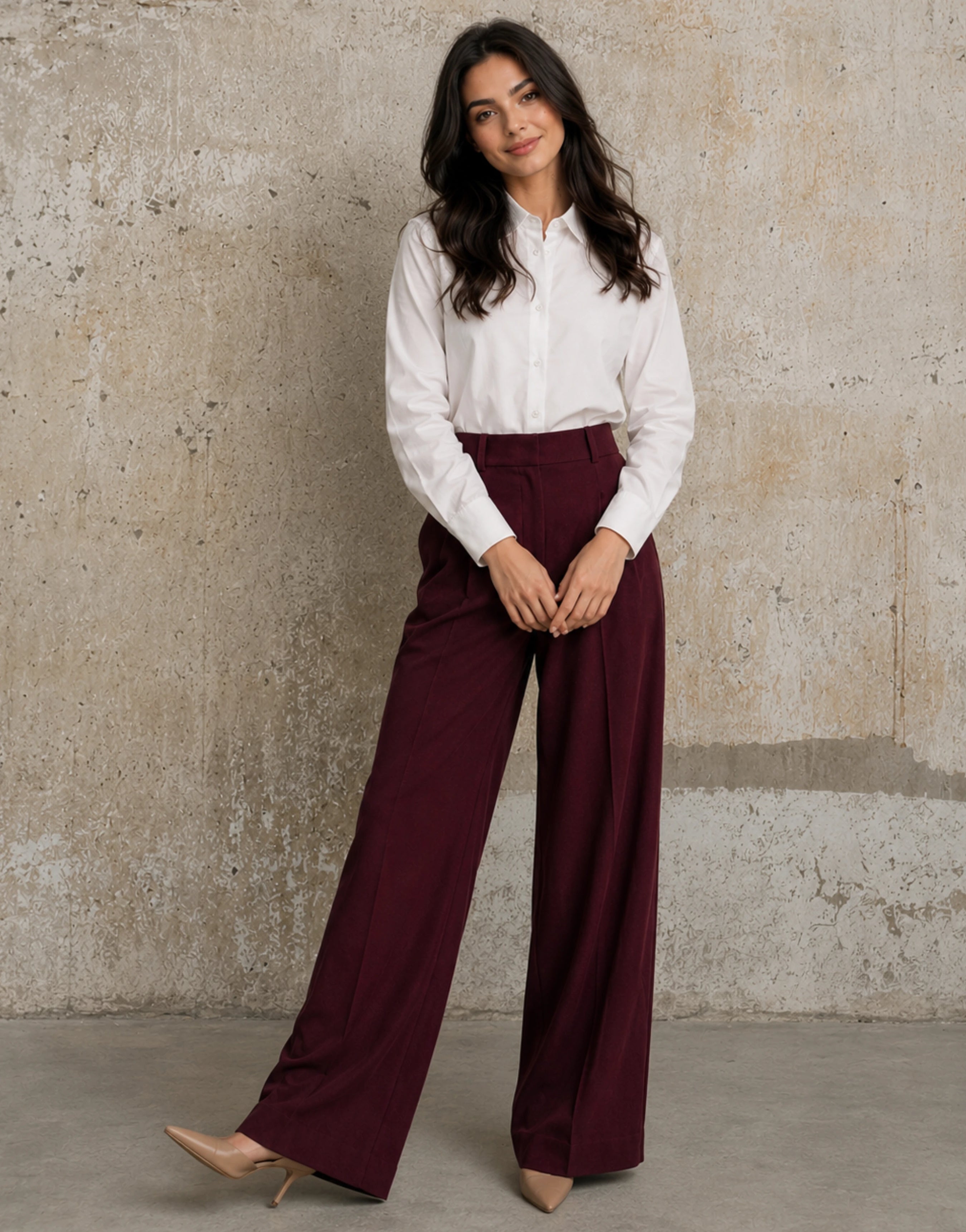 SGW Burgundy Tailored Wide-Leg Pants with Elastic Back Belt - SelectGraceWear