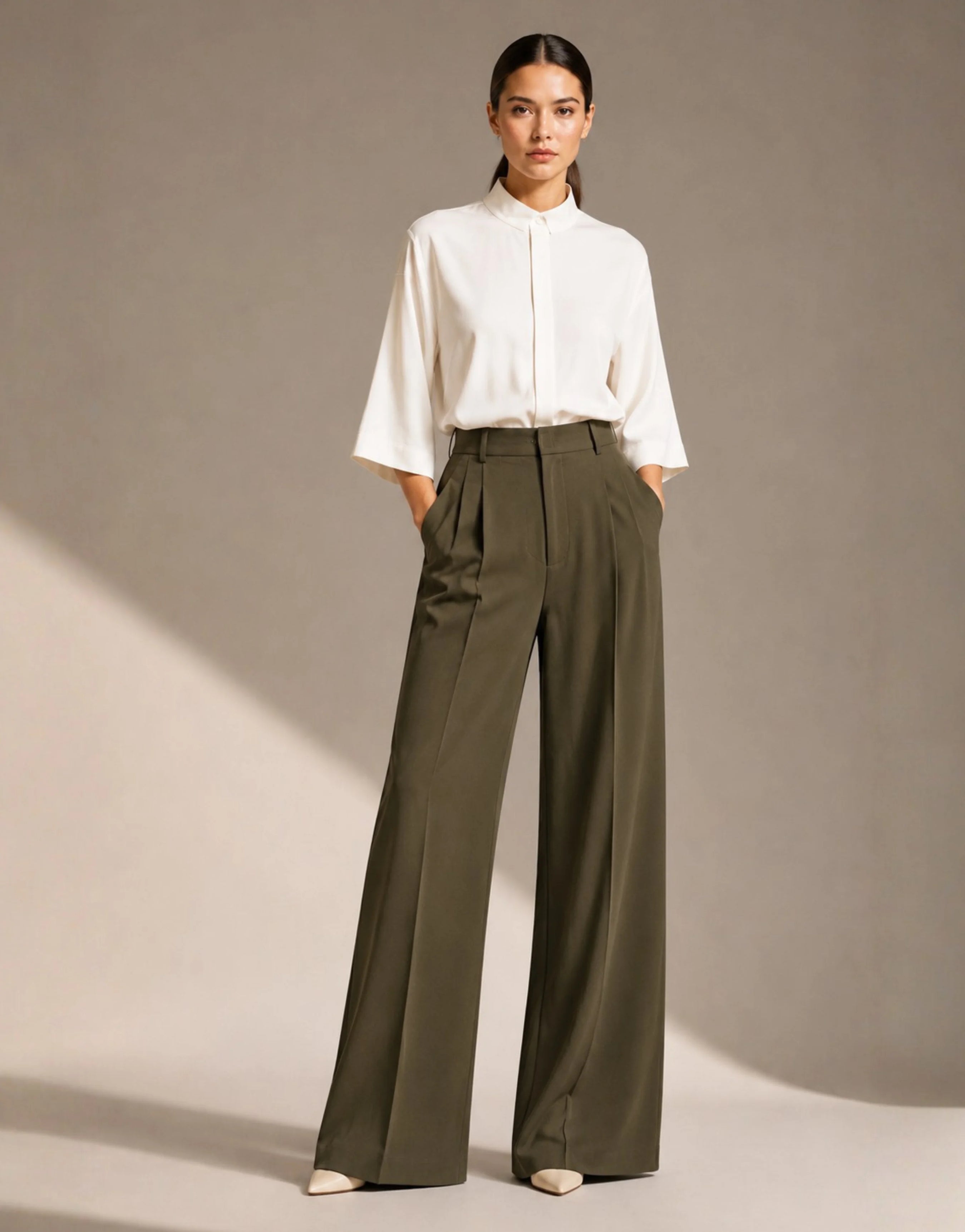SGW Olive Green Tailored Wide-Leg Pants with Elastic Back Belt