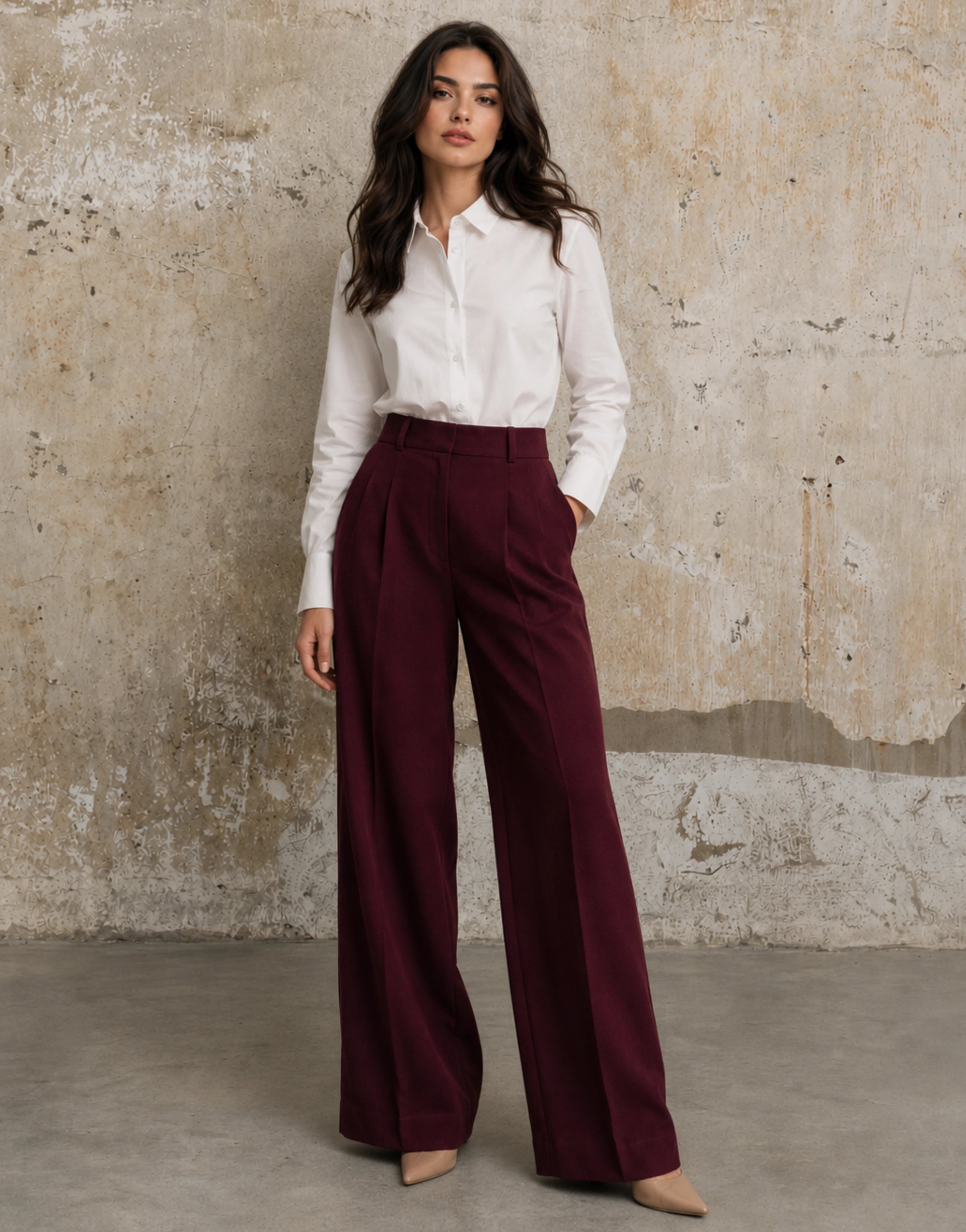 SGW Burgundy Tailored Wide-Leg Pants with Elastic Back Belt - SelectGraceWear