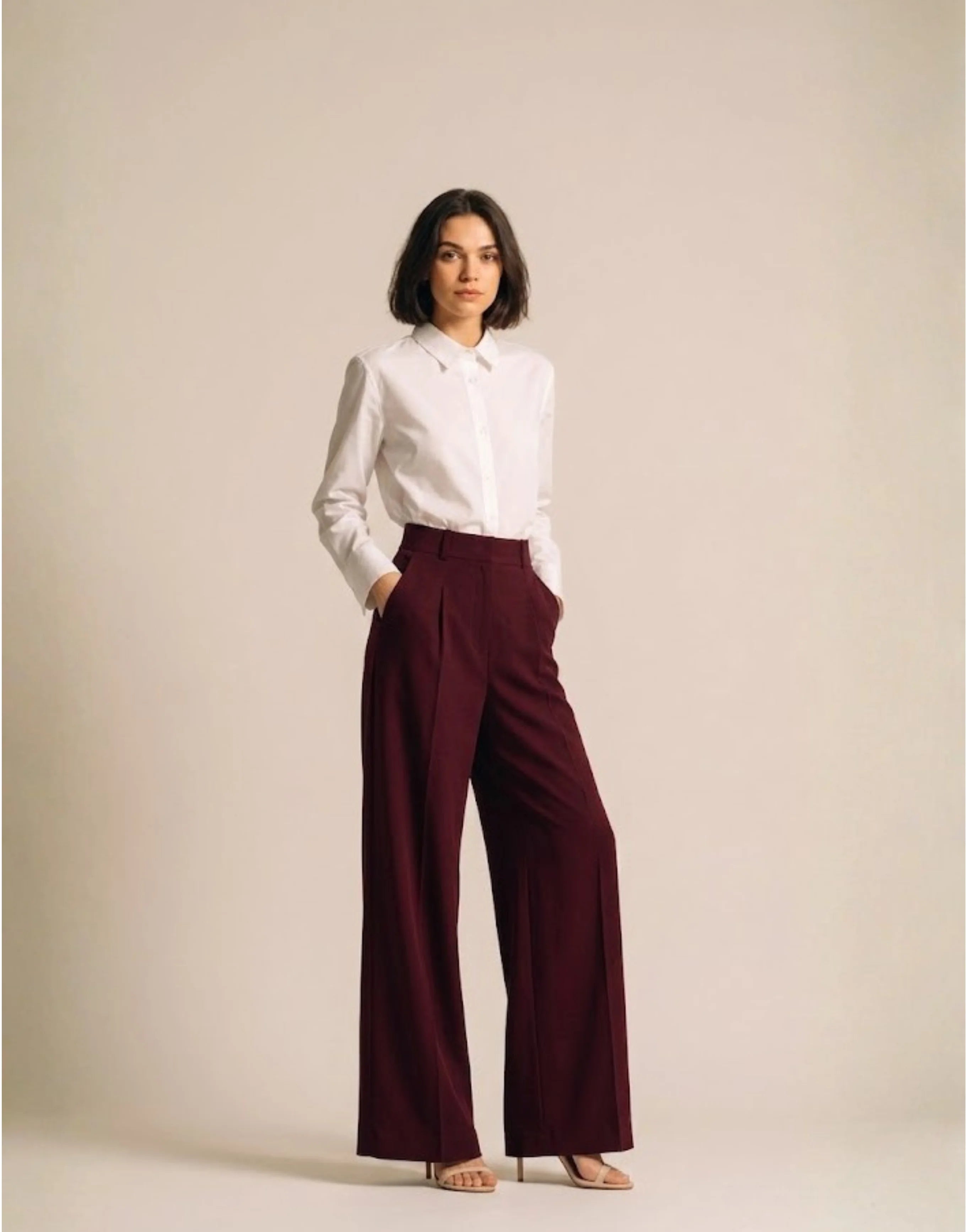 SGW Burgundy Tailored Wide-Leg Pants with Elastic Back Belt - SelectGraceWear