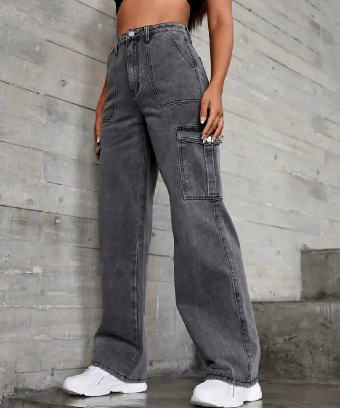 SGW - Vintage Dark Grey Cargo High-Waisted Wide-Leg Jeans