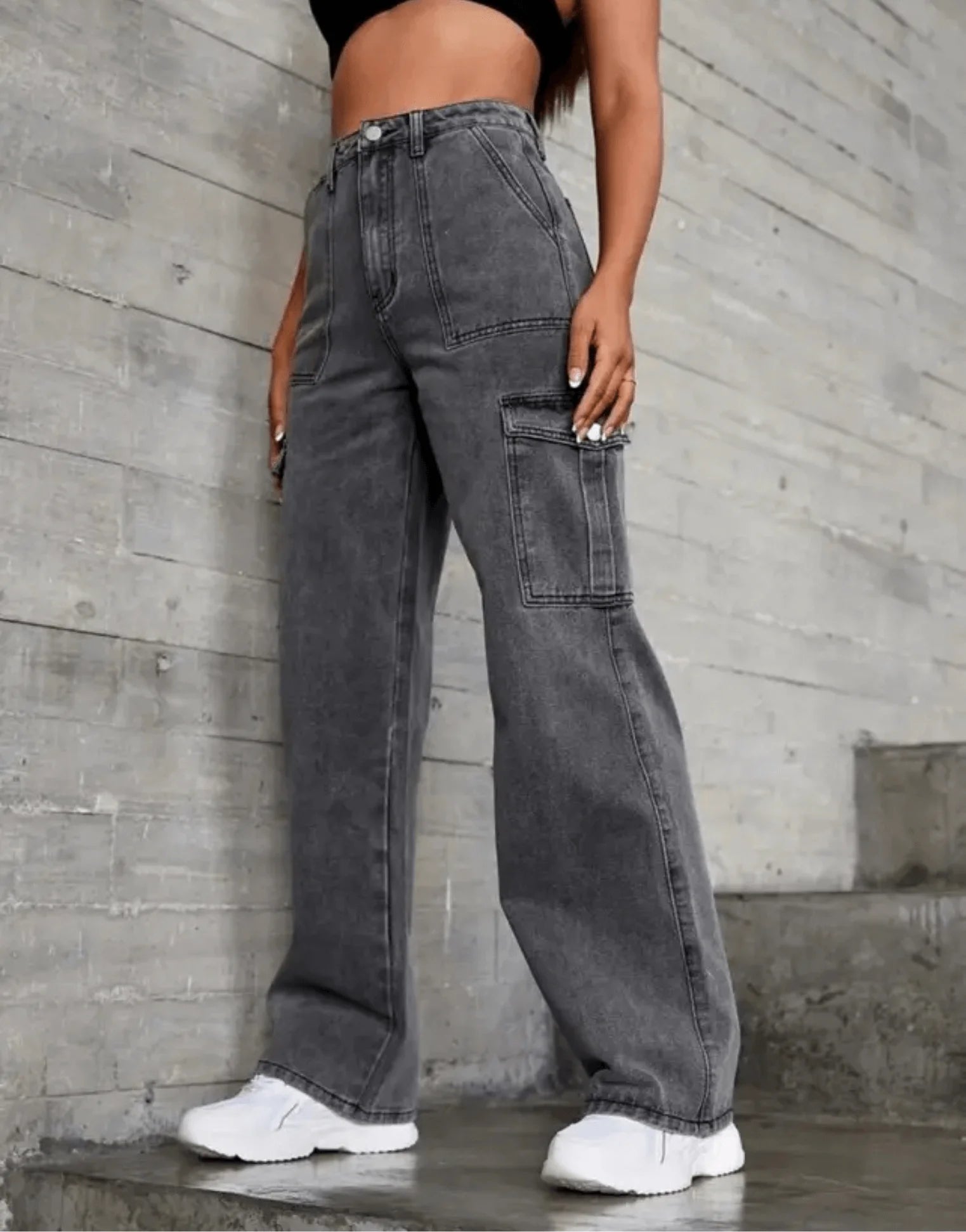 SGW - Vintage Dark Grey Cargo High-Waisted Wide-Leg Jeans