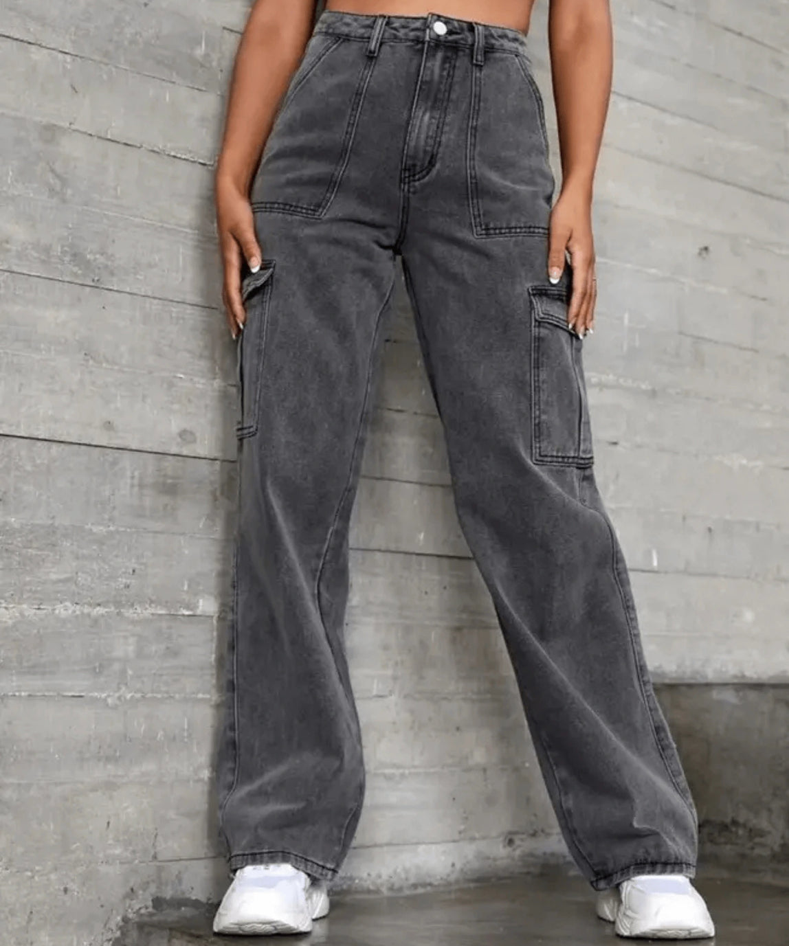 SGW - Vintage Dark Grey Cargo High-Waisted Wide-Leg Jeans
