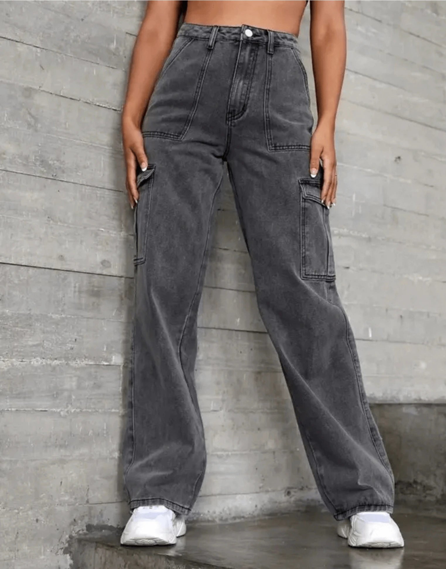 SGW - Vintage Dark Grey Cargo High-Waisted Wide-Leg Jeans