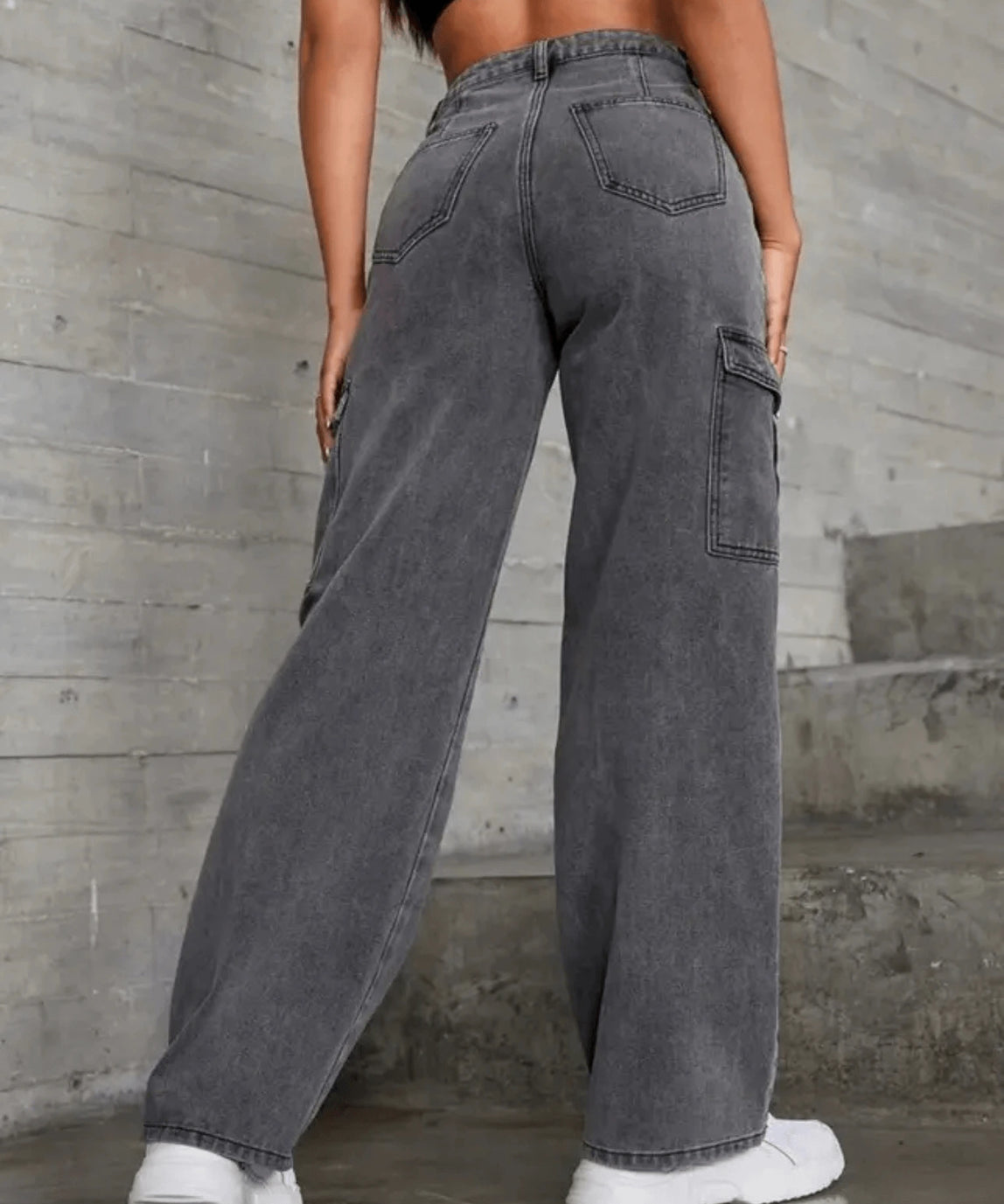 SGW - Vintage Dark Grey Cargo High-Waisted Wide-Leg Jeans