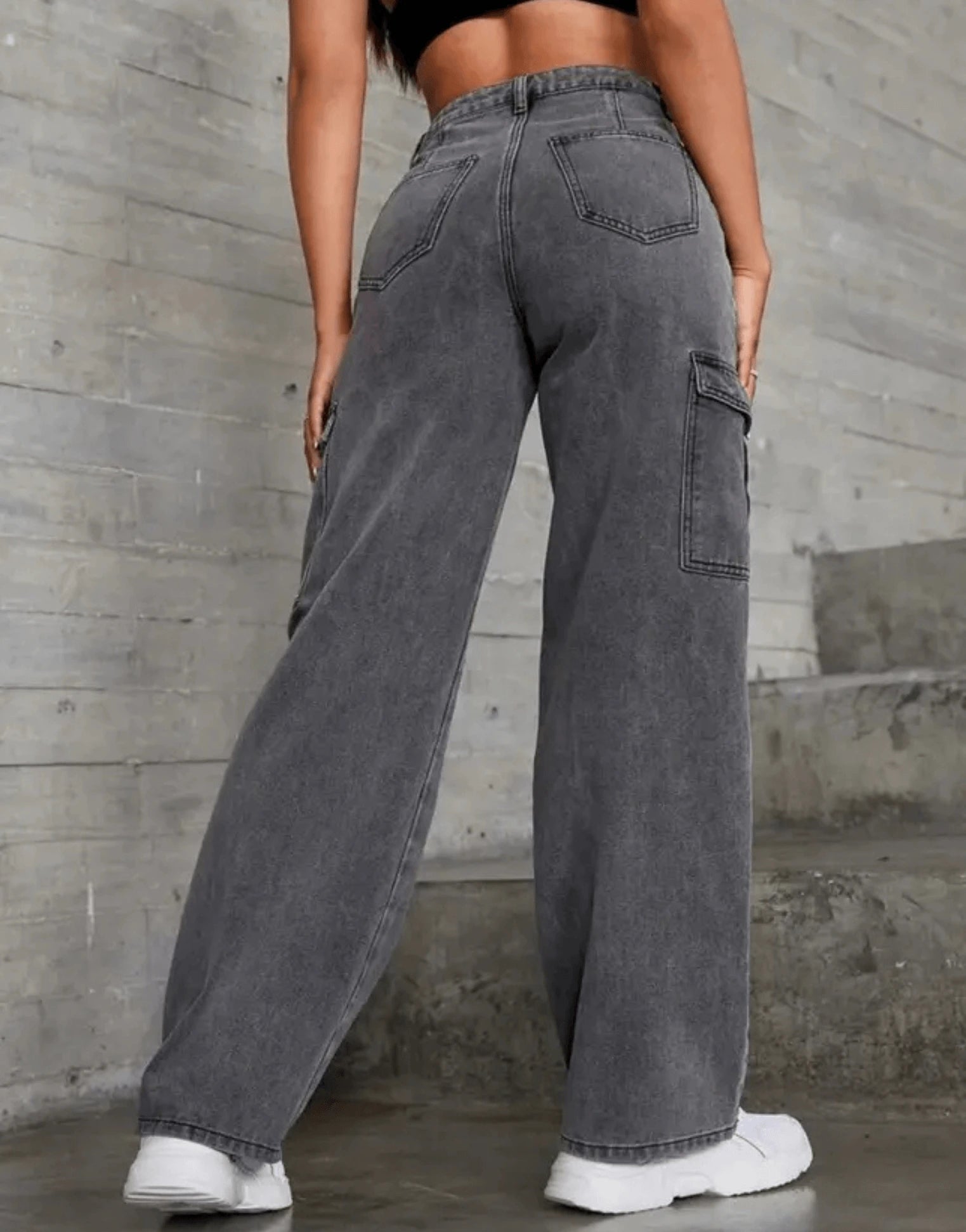 SGW - Vintage Dark Grey Cargo High-Waisted Wide-Leg Jeans