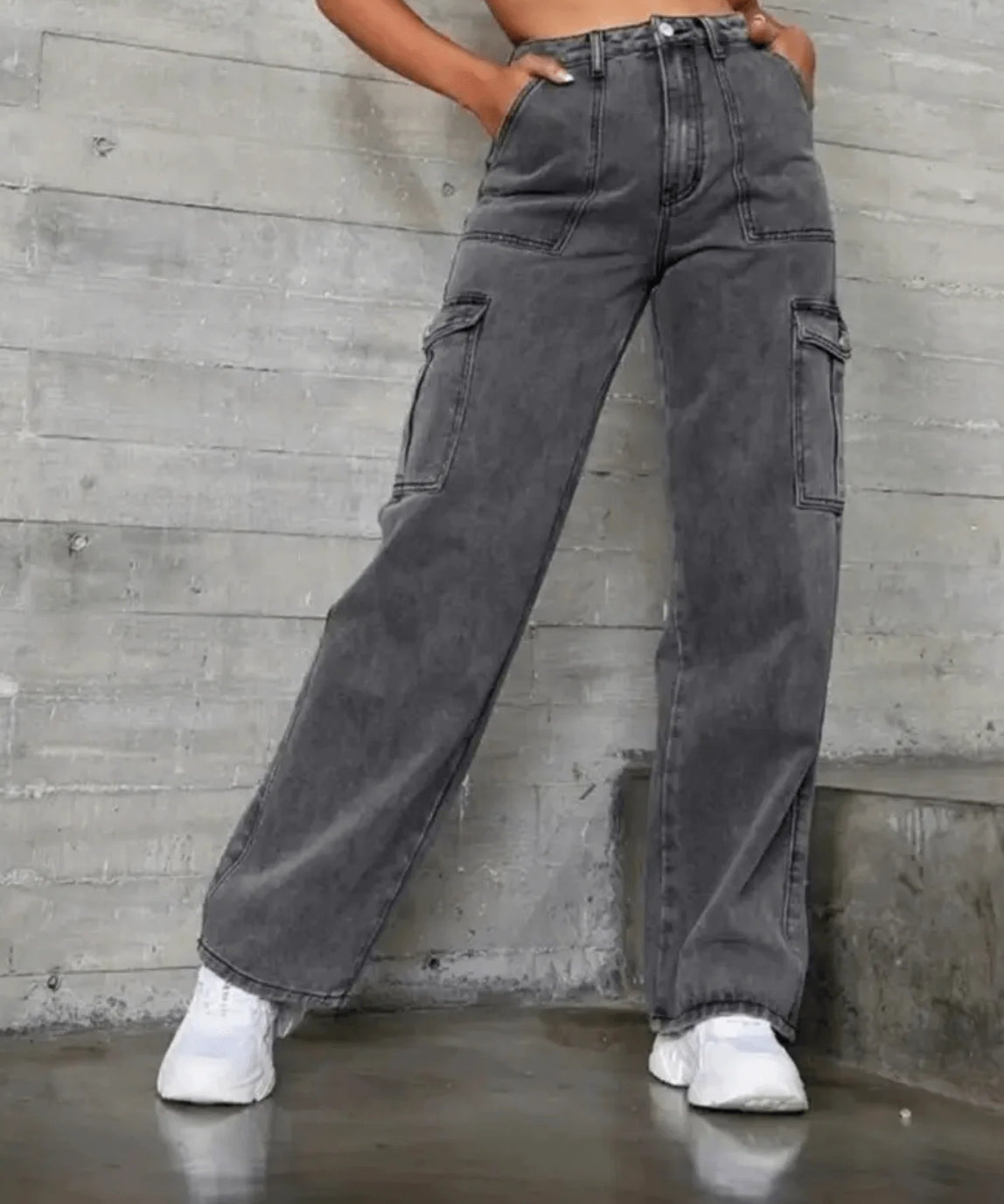 SGW - Vintage Dark Grey Cargo High-Waisted Wide-Leg Jeans