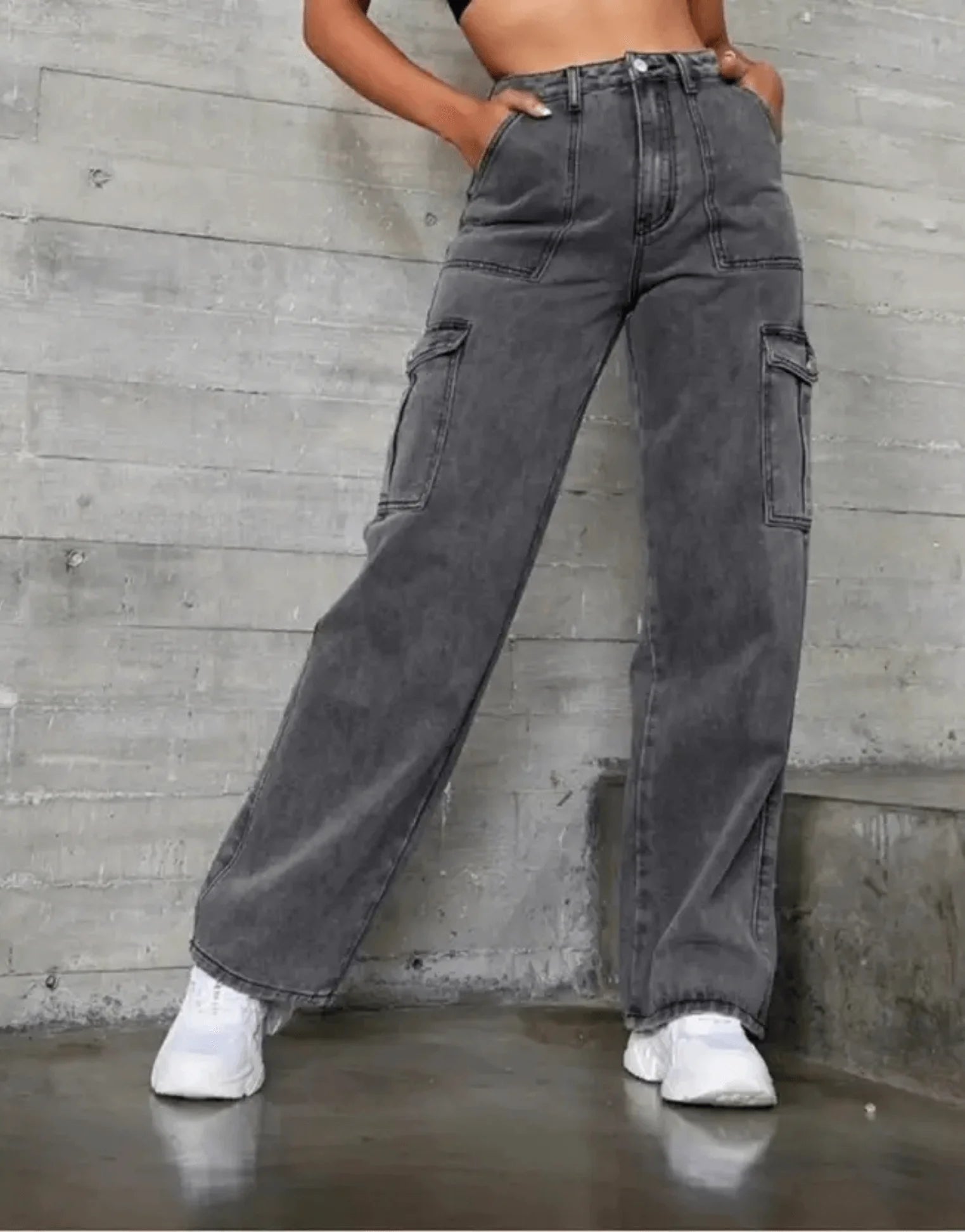 SGW - Vintage Dark Grey Cargo High-Waisted Wide-Leg Jeans