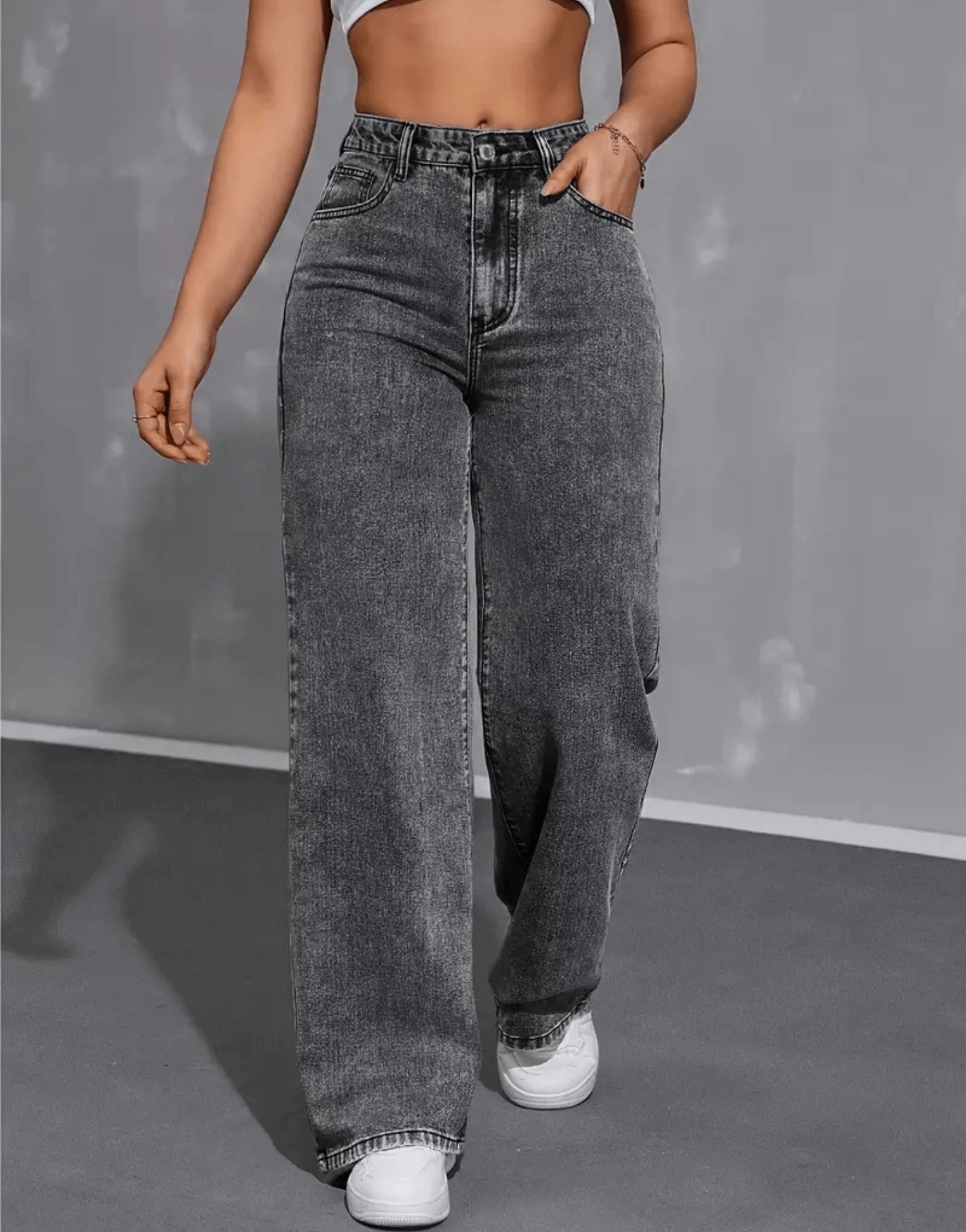 SGW - Vintage Dark Grey High-Waisted Wide-Leg Jeans