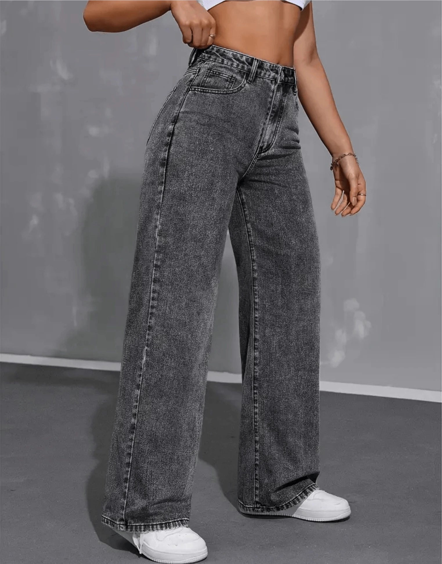 SGW - Vintage Dark Grey High-Waisted Wide-Leg Jeans - SelectGraceWear