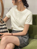 SGW White Front Button Rib Knit Tee - Half Sleeves