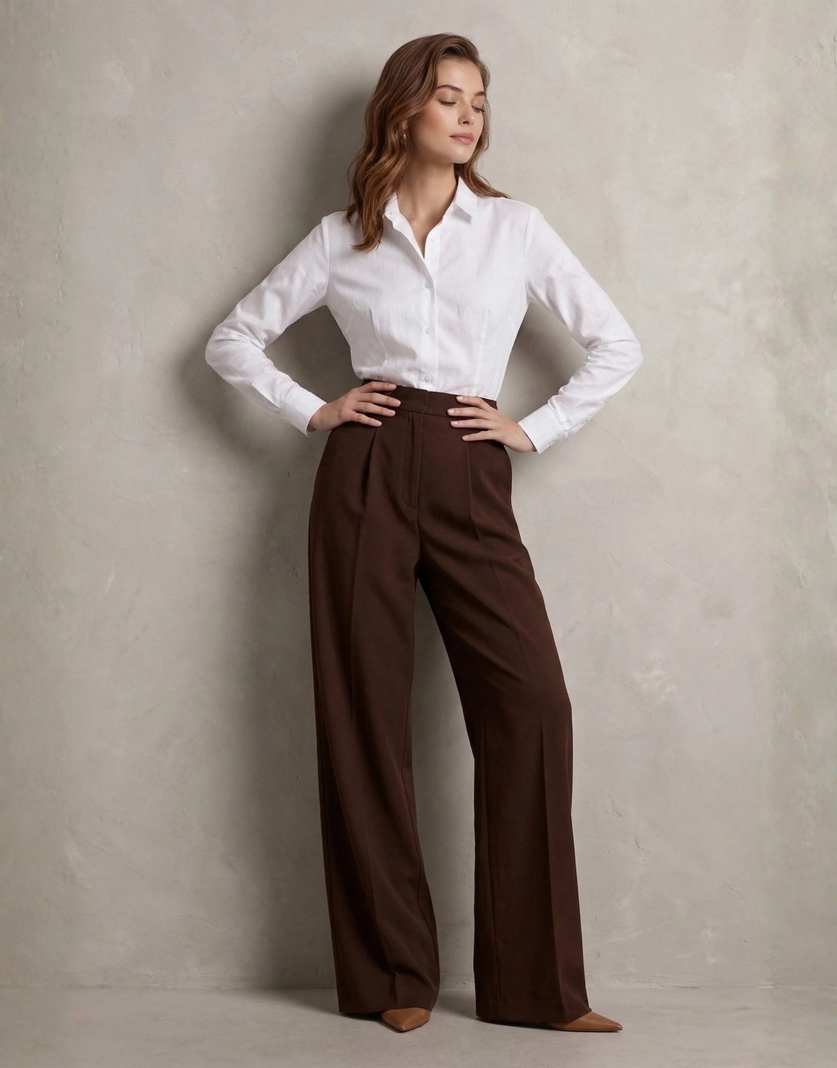 SGW Mocha Brown Tailored Wide-Leg Pants with Elastic Back Belt - SelectGraceWear