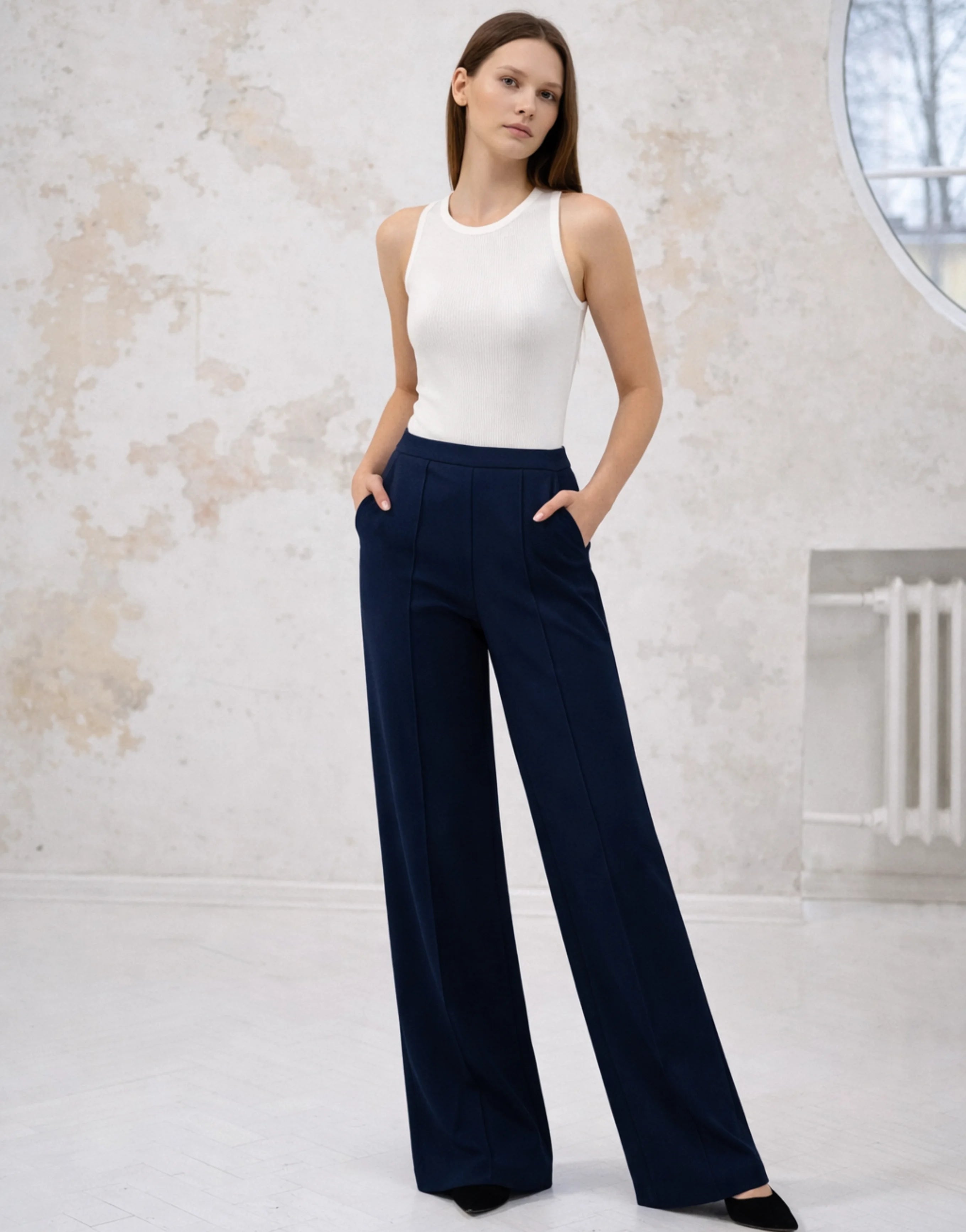 SGW Navy Blue High-Waist Wide-Leg Trouser