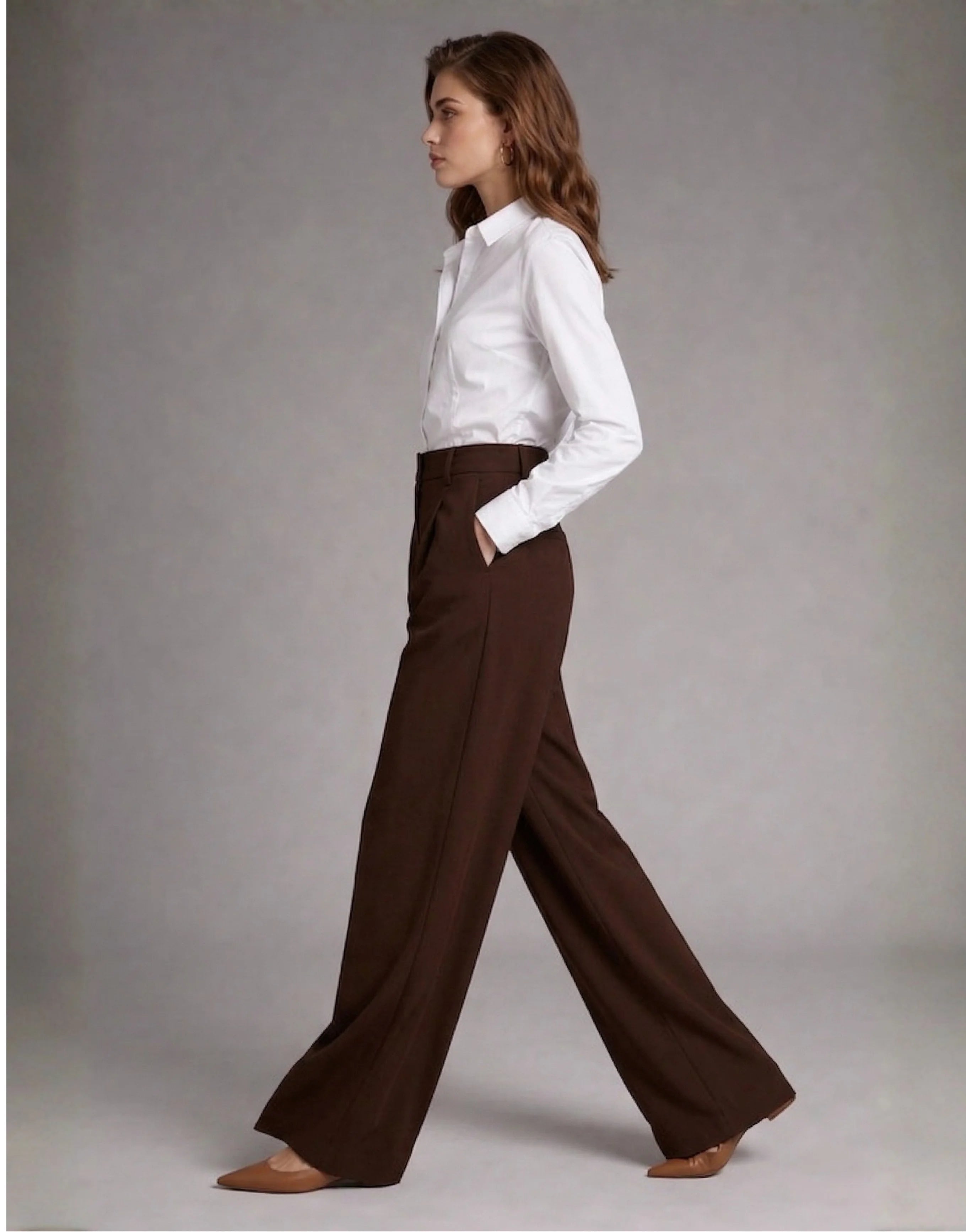 SGW Mocha Brown Tailored Wide-Leg Pants with Elastic Back Belt - SelectGraceWear