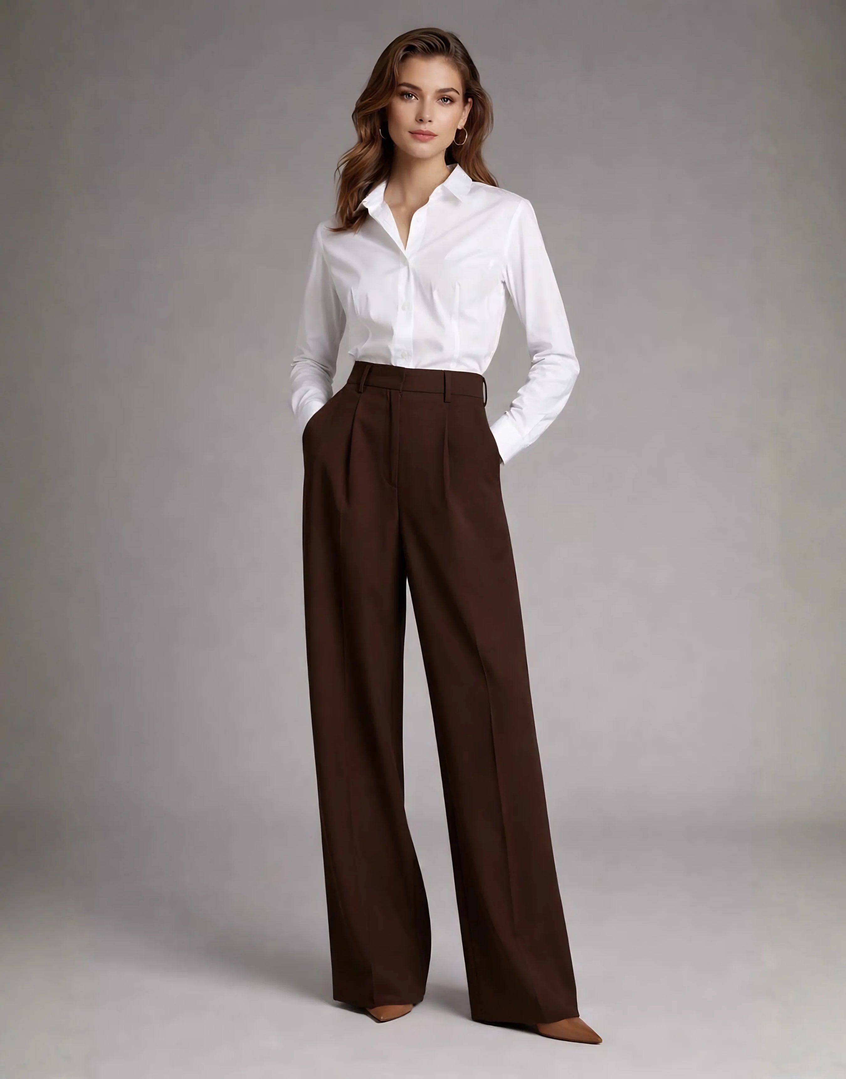 SGW Mocha Brown Tailored Wide-Leg Pants with Elastic Back Belt - SelectGraceWear