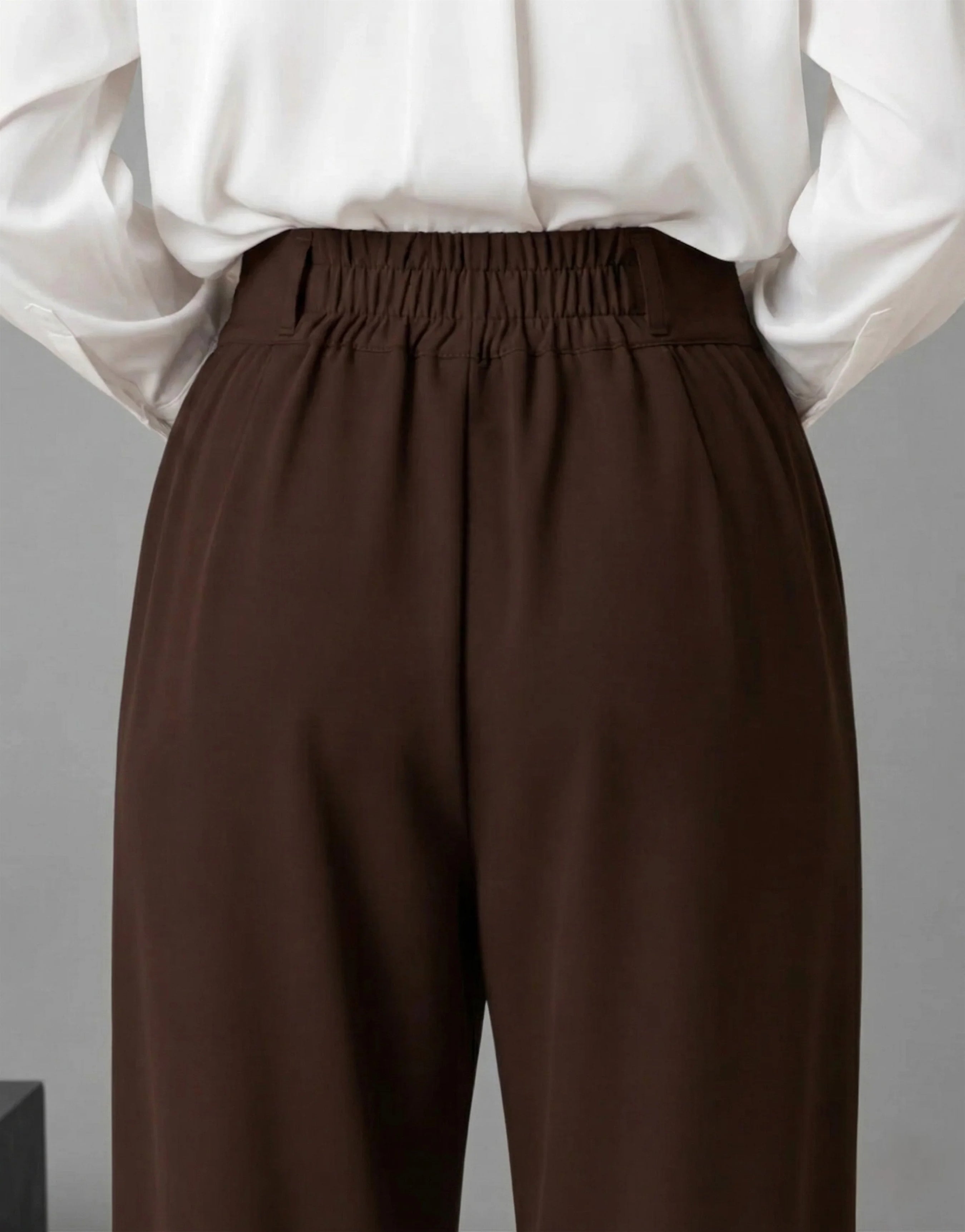 SGW Mocha Brown Tailored Wide-Leg Pants with Elastic Back Belt - SelectGraceWear