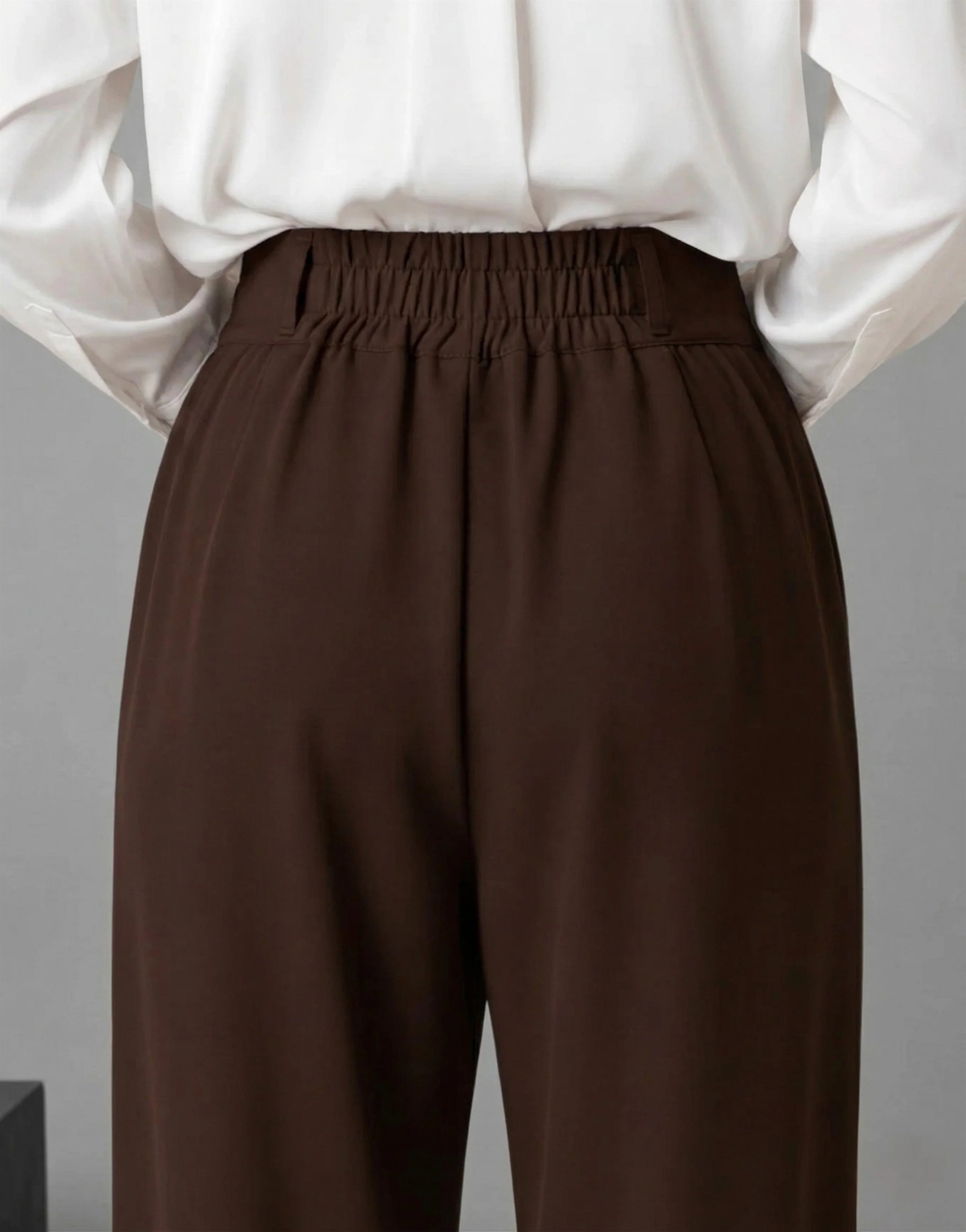 SGW Mocha Brown Tailored Wide-Leg Pants with Elastic Back Belt - SelectGraceWear