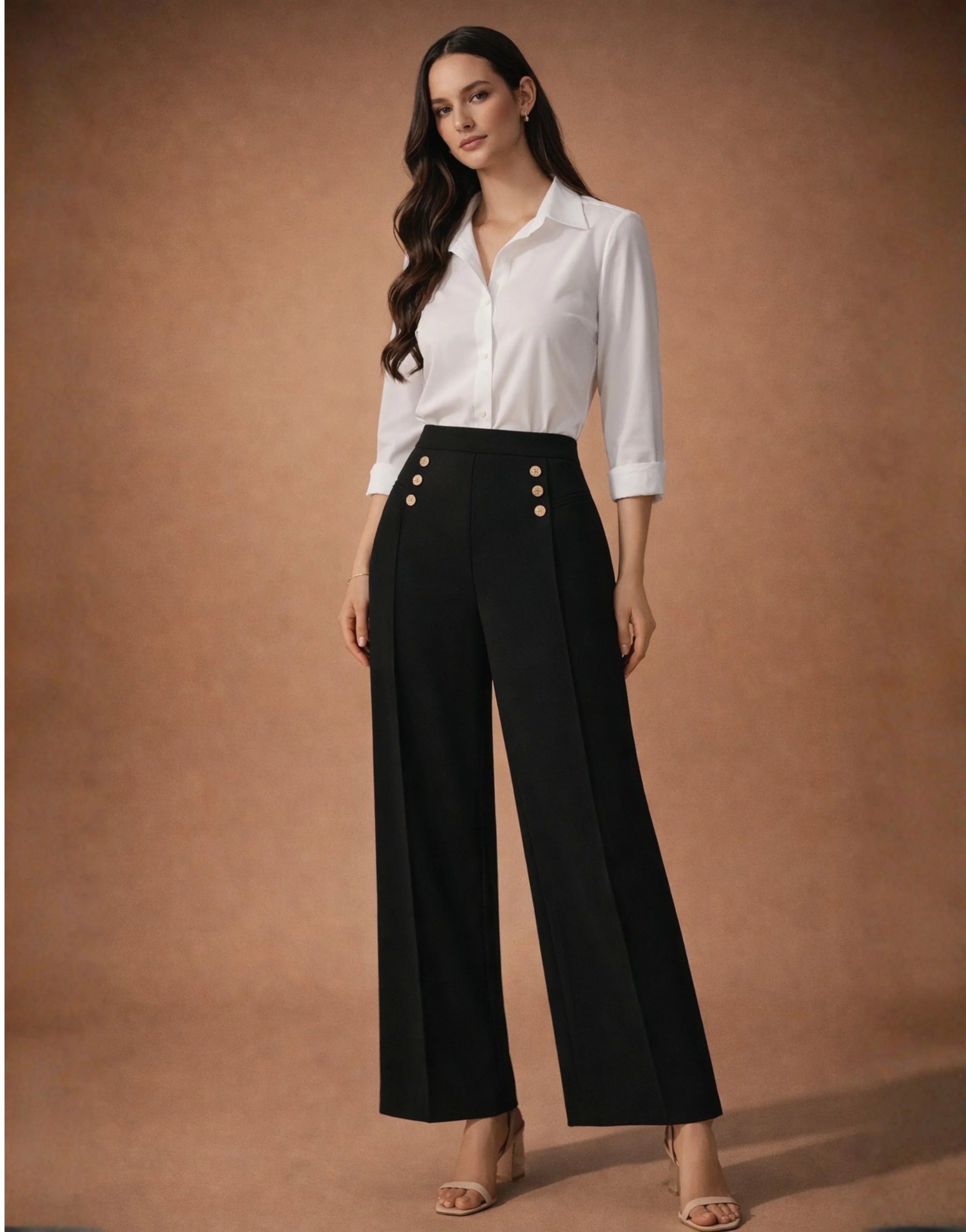 SGW Black High-Rise Long Trousers with Metallic Buttons - SelectGraceWear