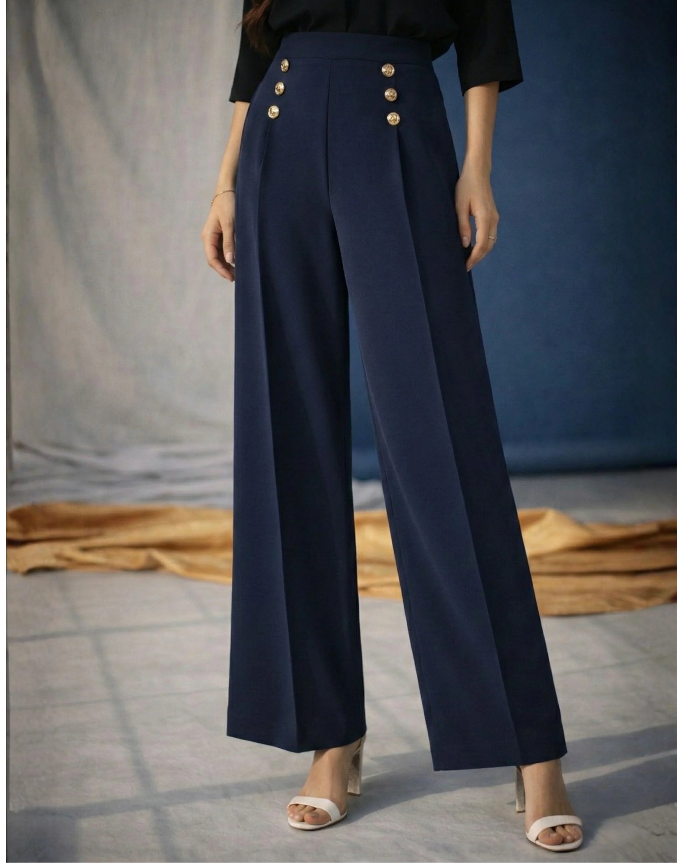 SGW Navy High-Rise Long Trousers with Metallic Buttons - SelectGraceWear