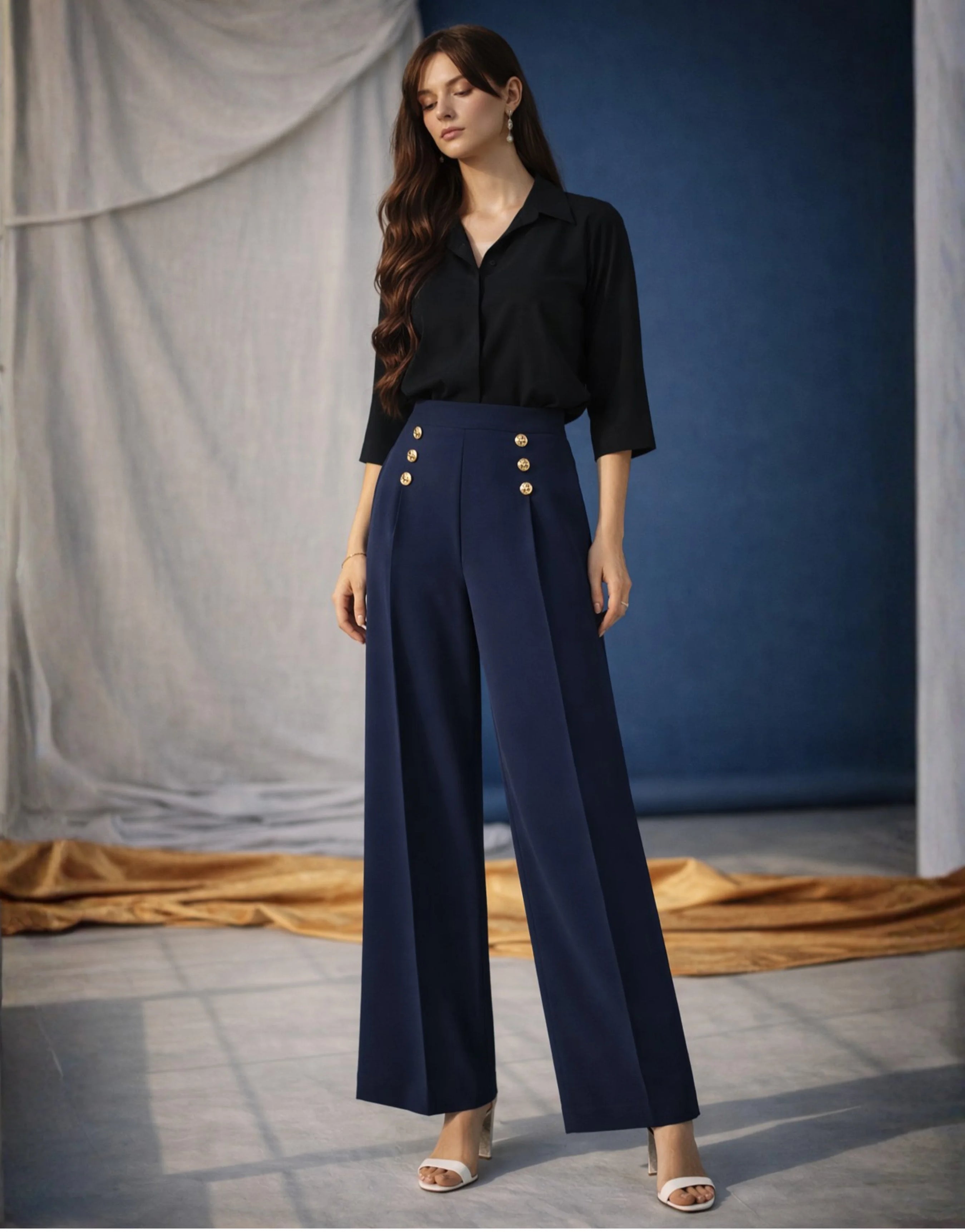 SGW Navy High-Rise Long Trousers with Metallic Buttons - SelectGraceWear