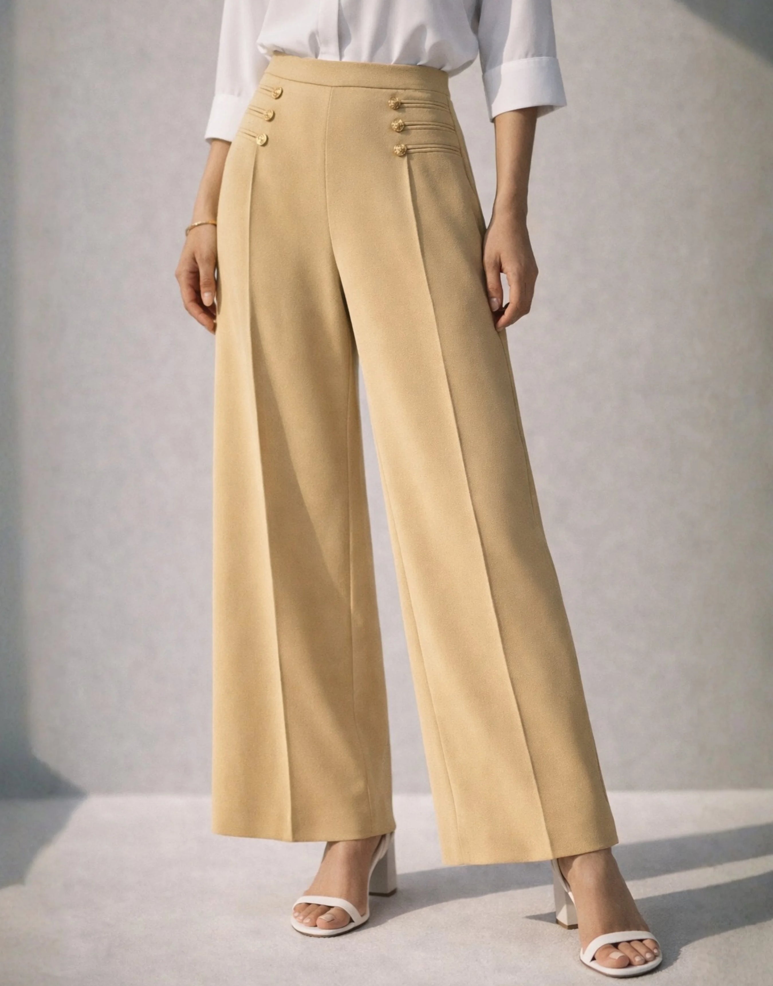 SGW Beige High-Rise Long Trousers with Metallic Buttons - SelectGraceWear