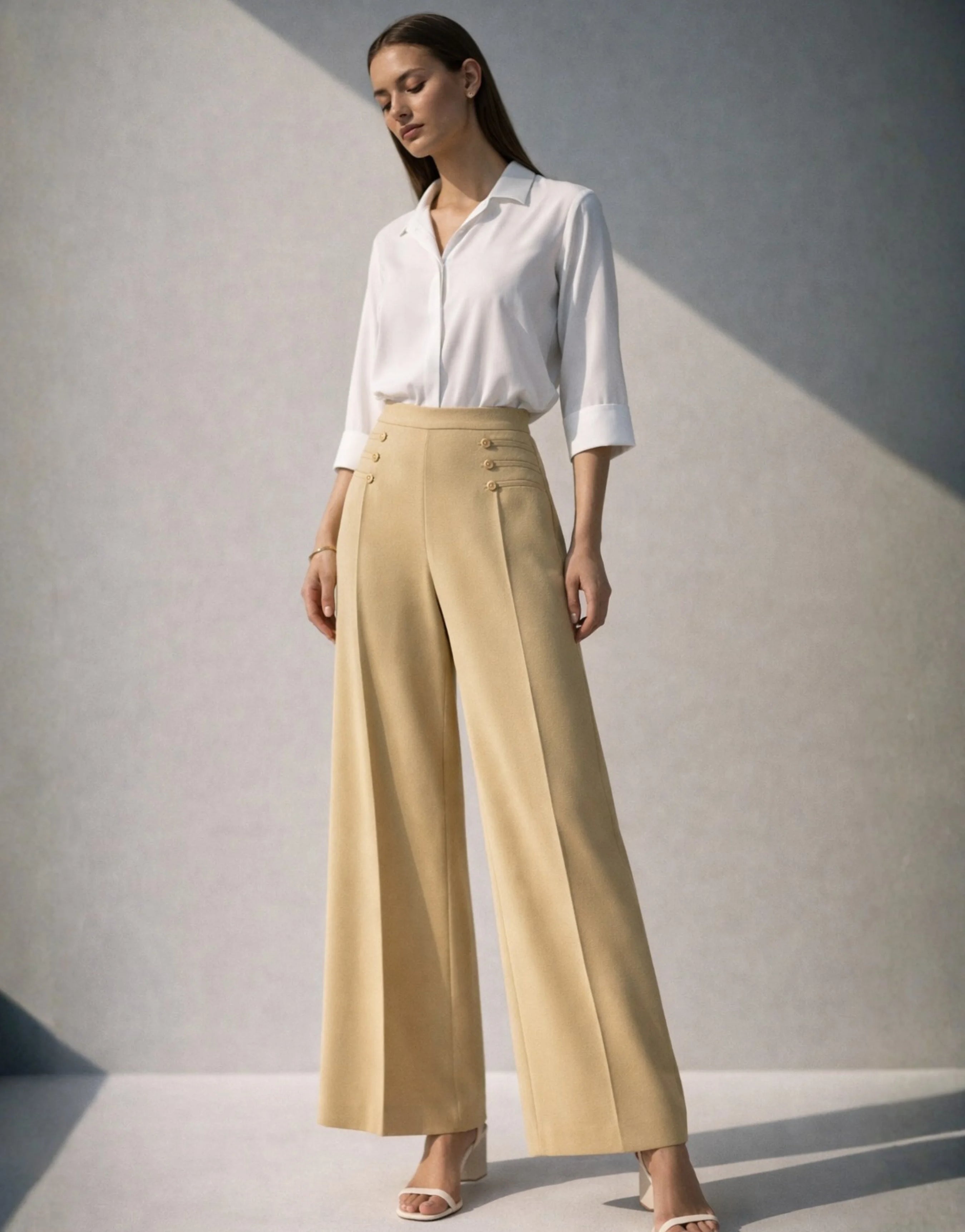 SGW Beige High-Rise Long Trousers with Metallic Buttons - SelectGraceWear