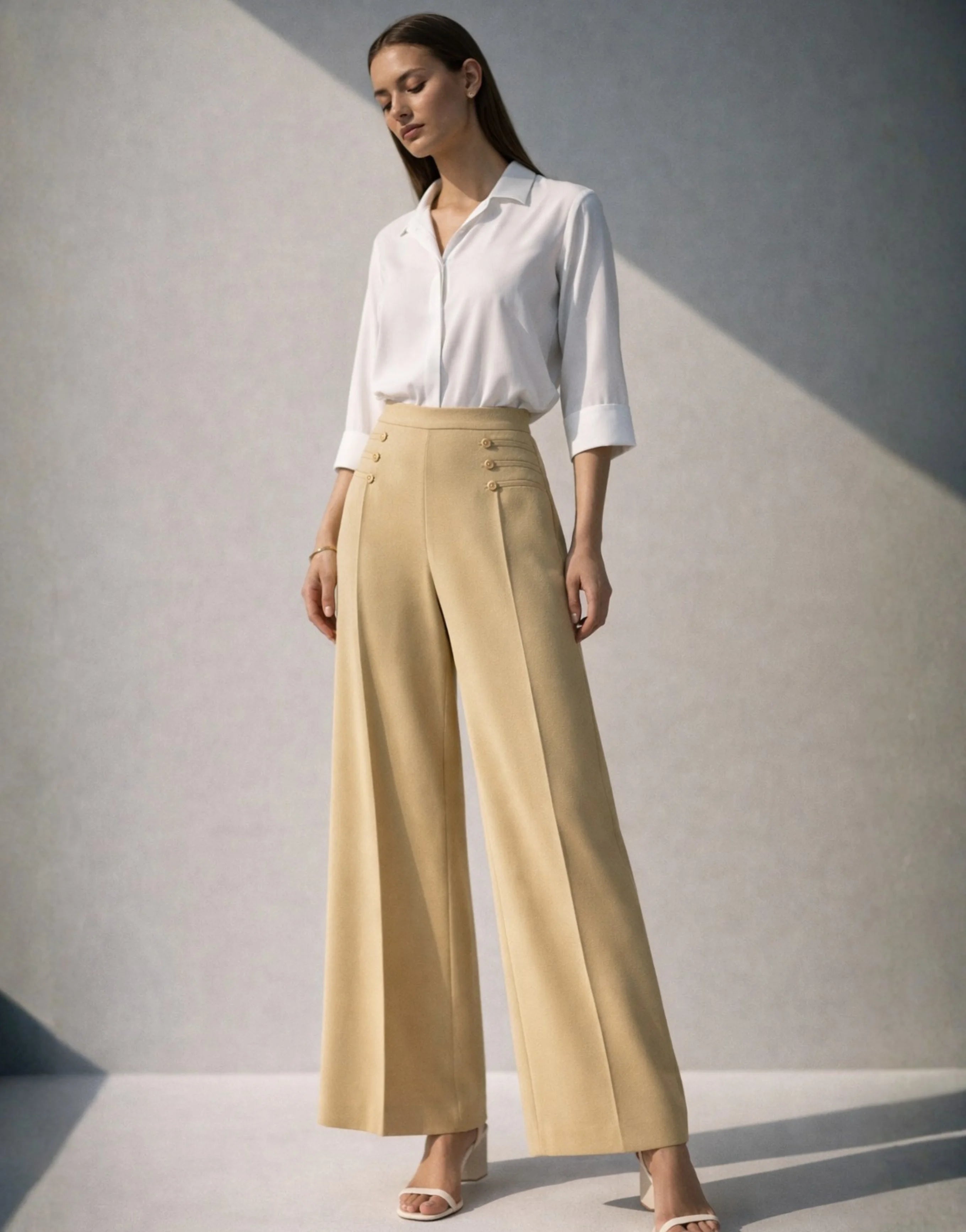 SGW Beige High-Rise Long Trousers with Metallic Buttons - SelectGraceWear