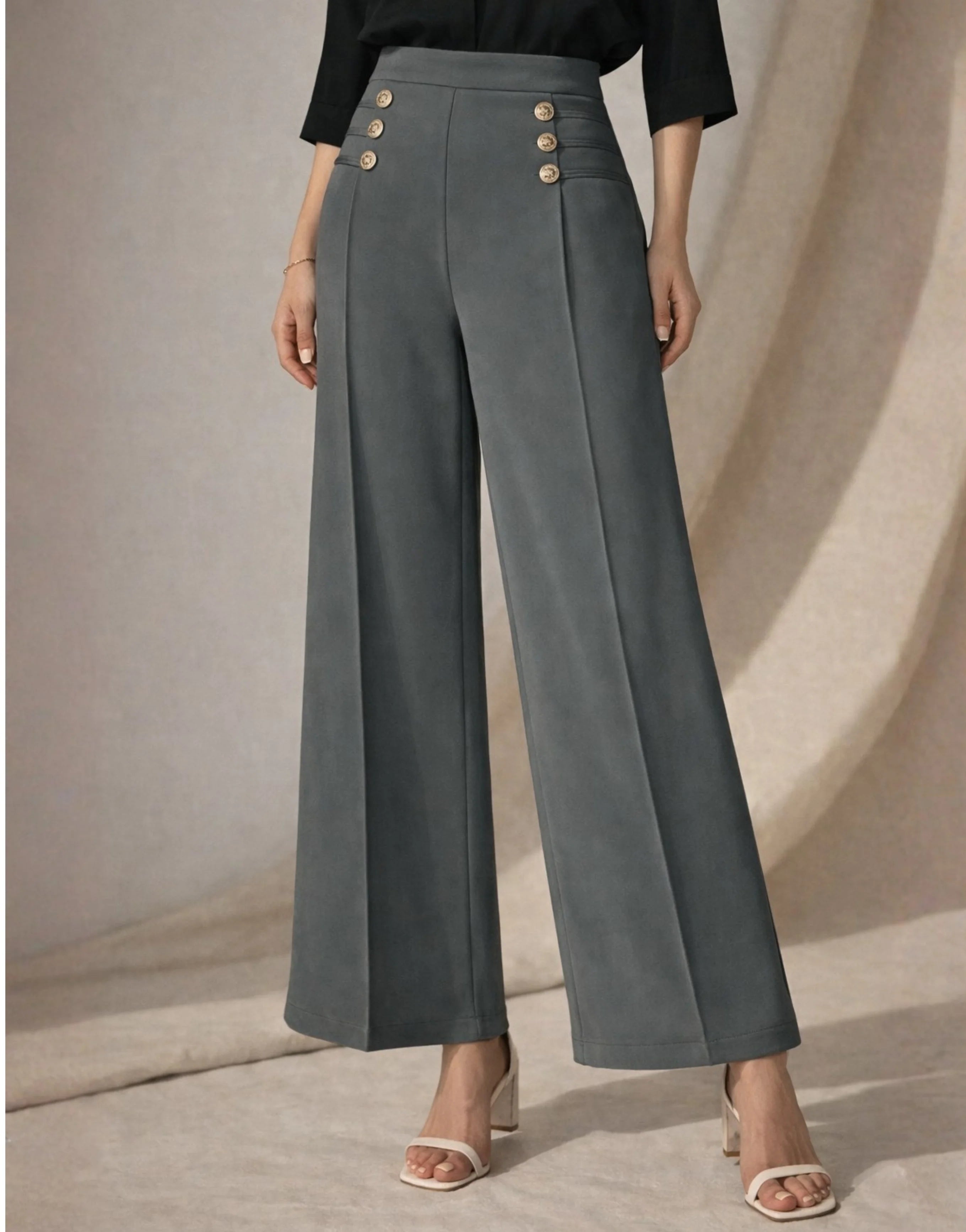SGW Grey High-Rise Long Trousers with Metallic Buttons - SelectGraceWear