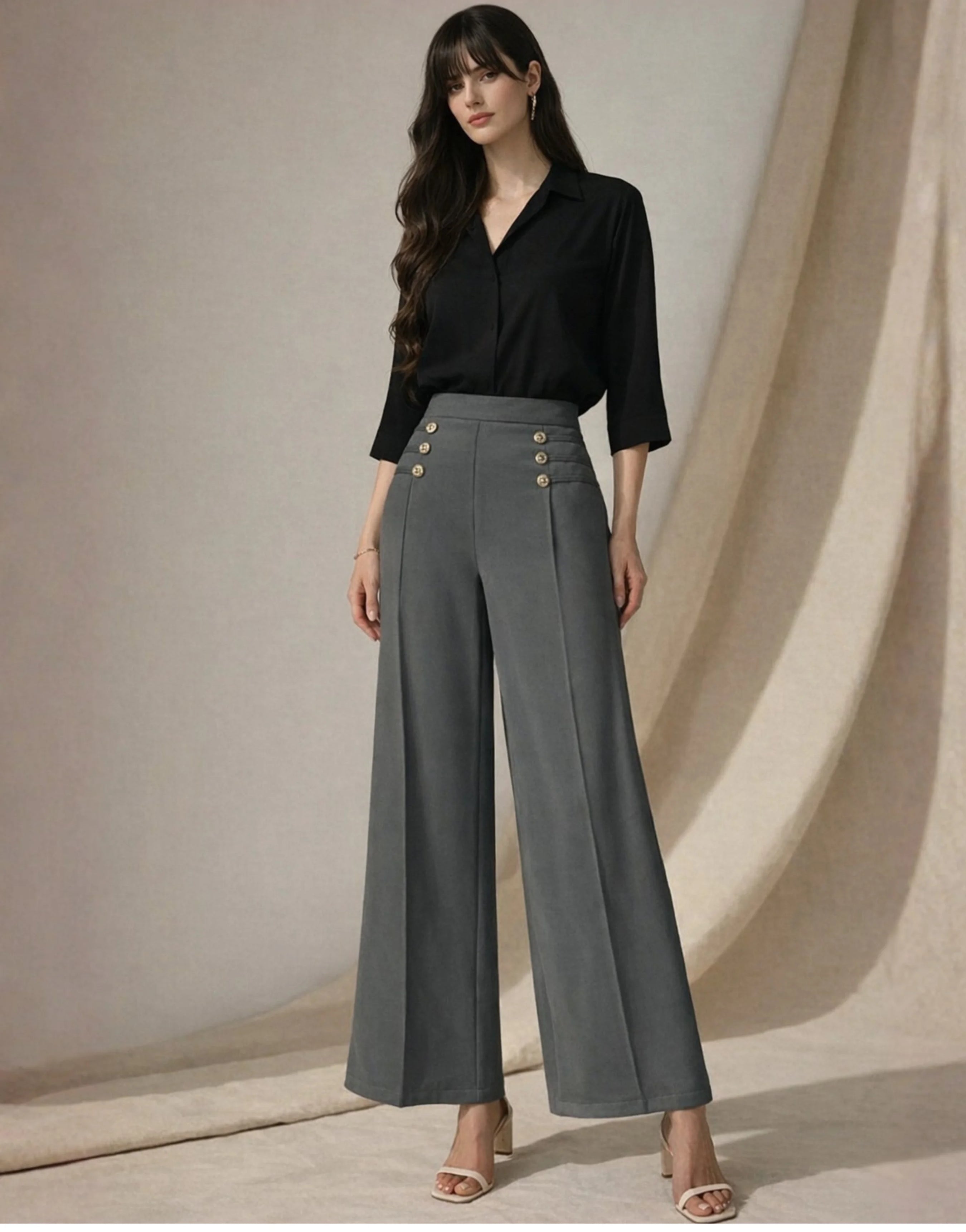 SGW Grey High-Rise Long Trousers with Metallic Buttons - SelectGraceWear