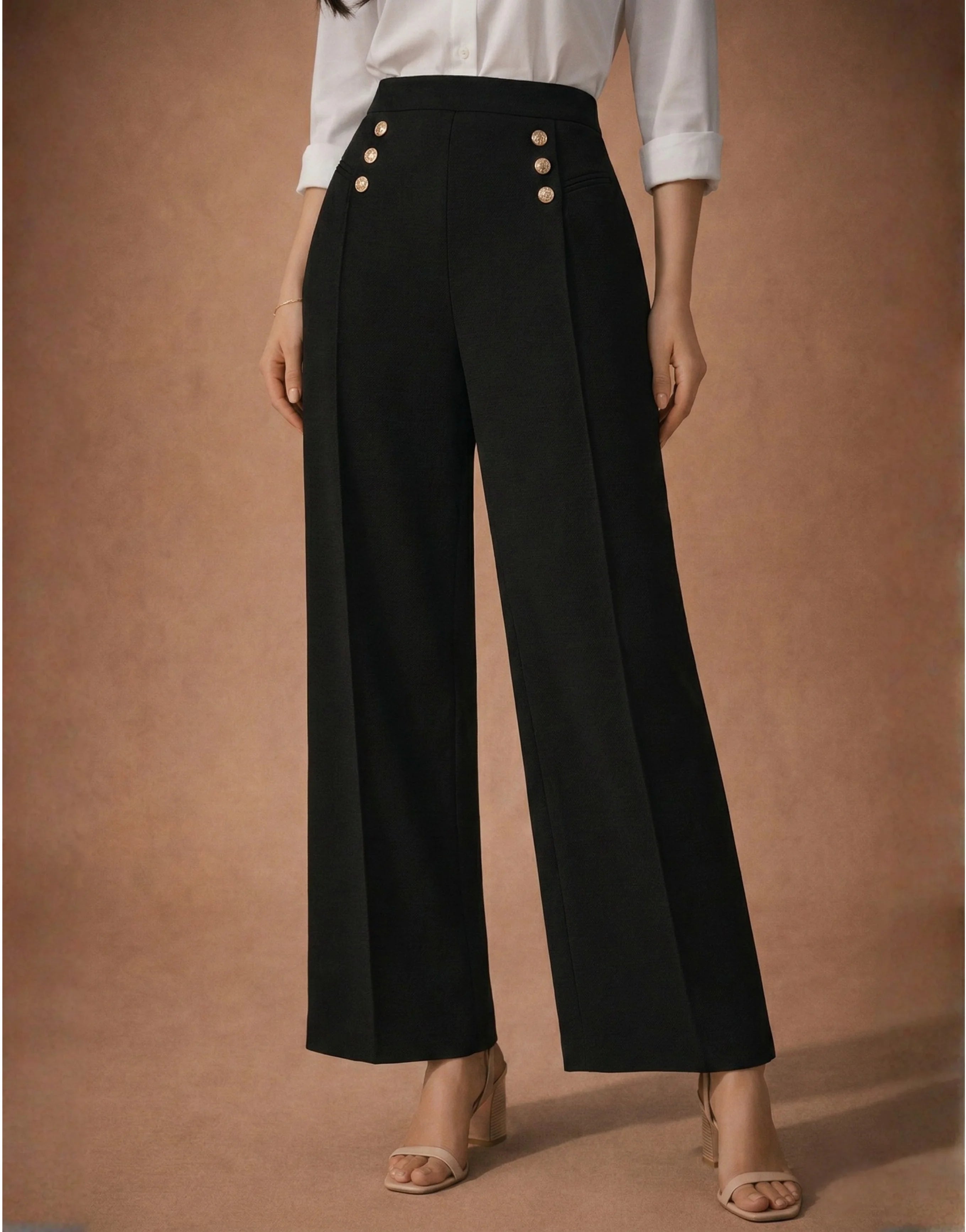 SGW Black High-Rise Long Trousers with Metallic Buttons