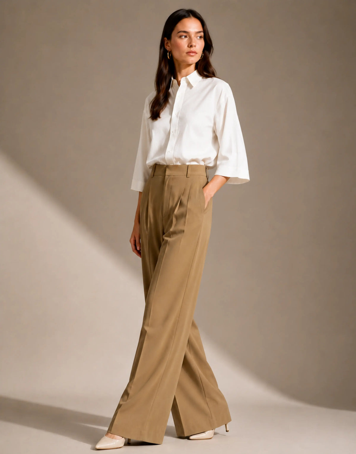 SGW Beige Tailored Wide-Leg Pants with Elastic Back Belt - SelectGraceWear