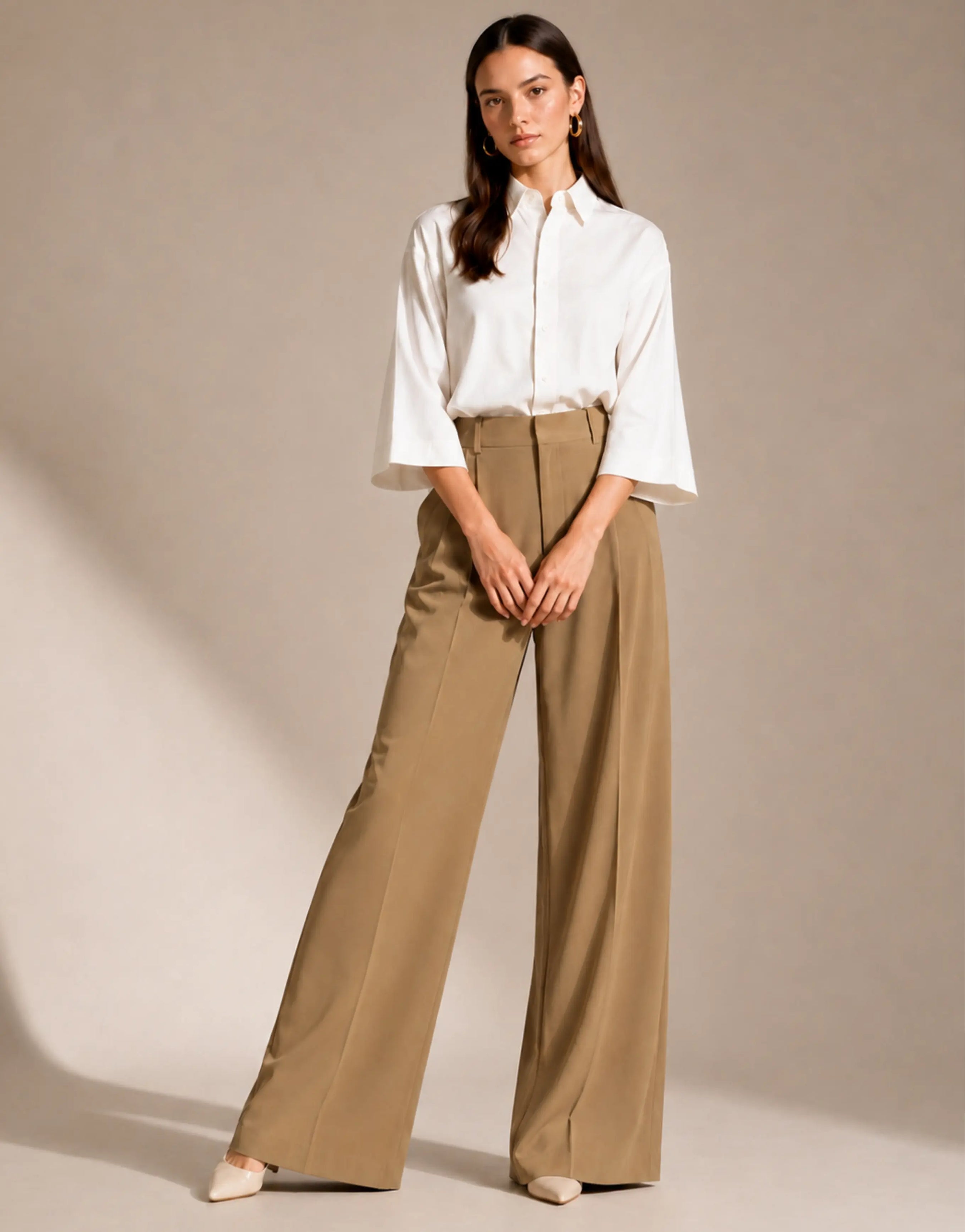SGW Beige Tailored Wide-Leg Pants with Elastic Back Belt - SelectGraceWear