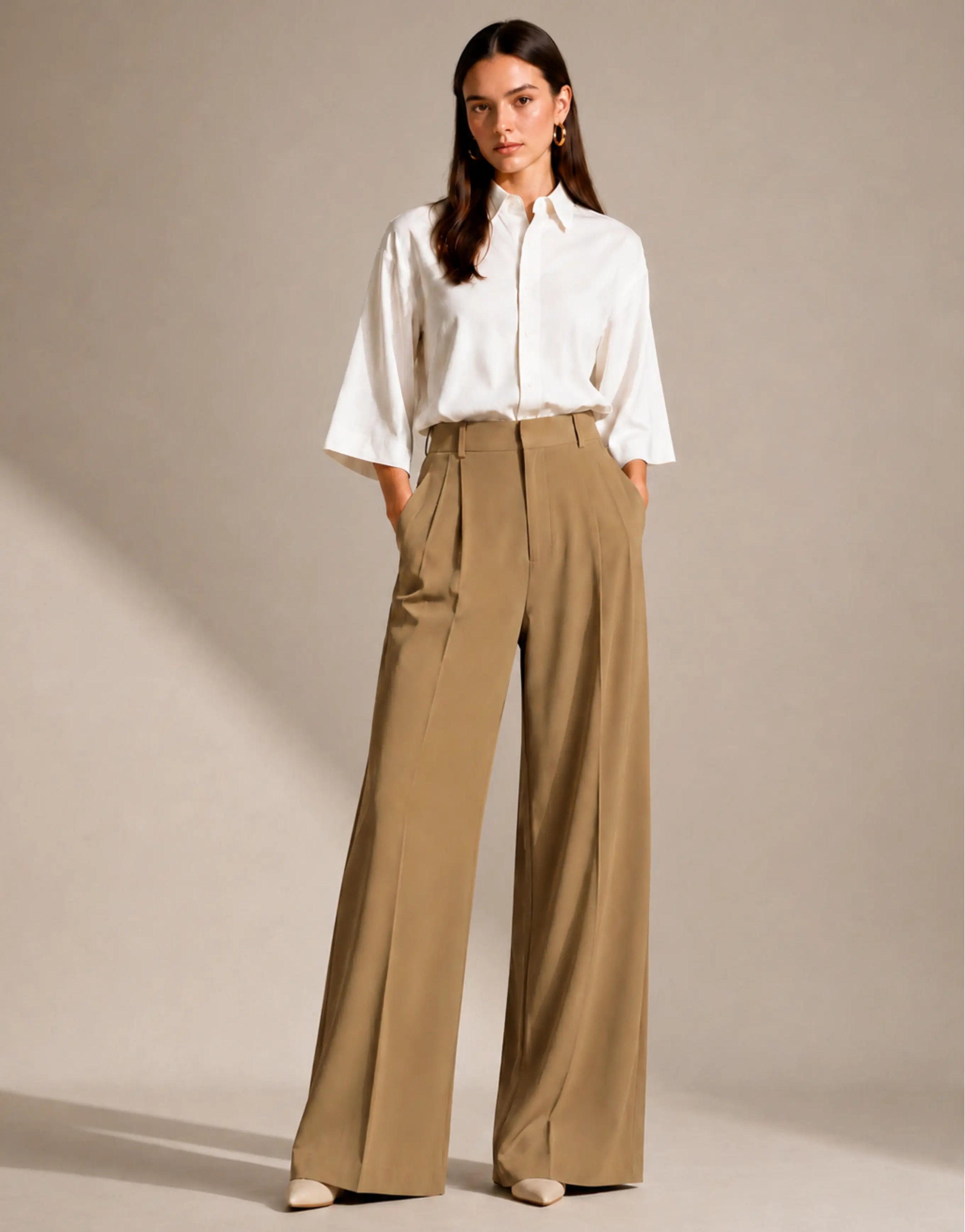 SGW Beige Tailored Wide-Leg Pants with Elastic Back Belt - SelectGraceWear