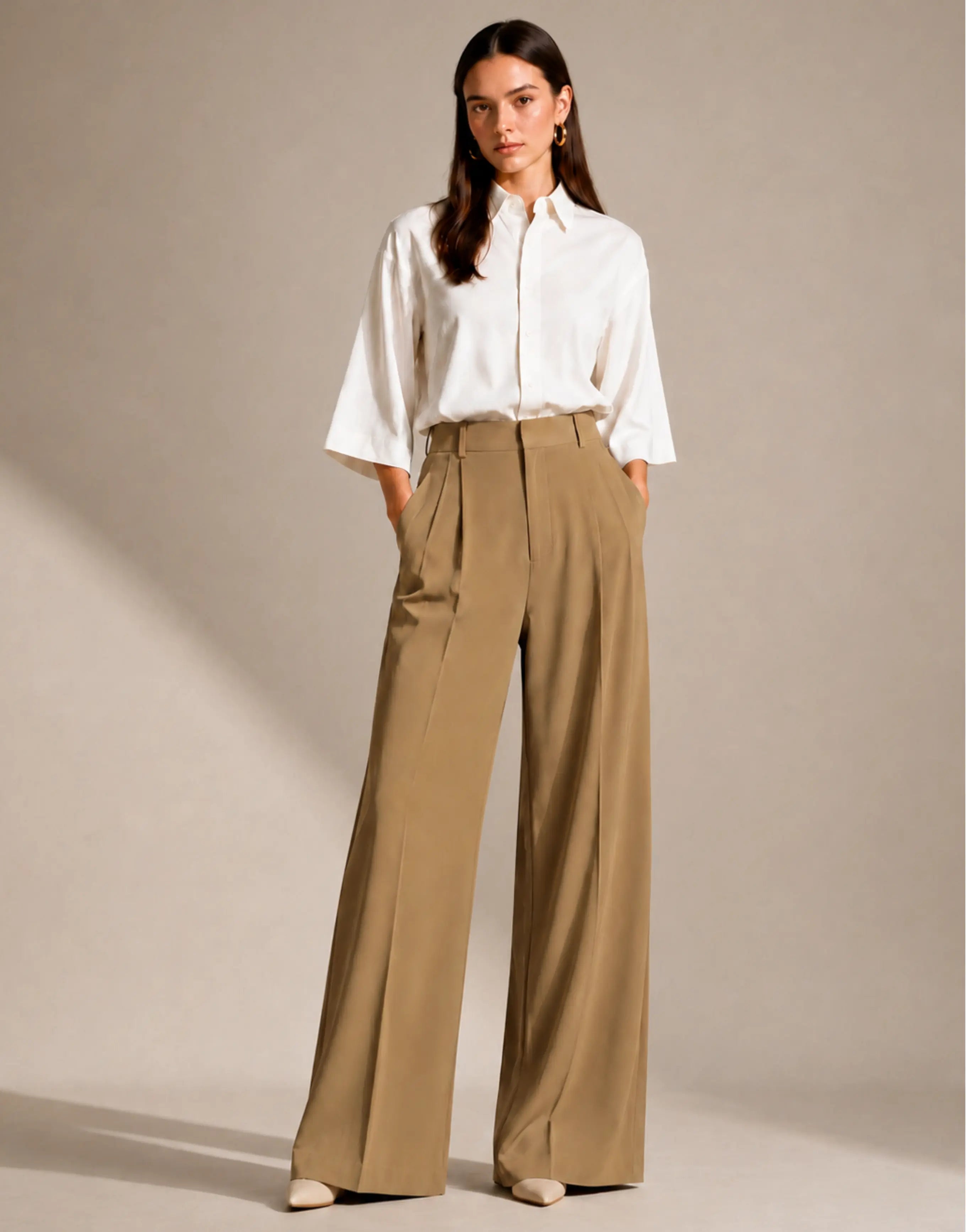 SGW Beige Tailored Wide-Leg Pants with Elastic Back Belt