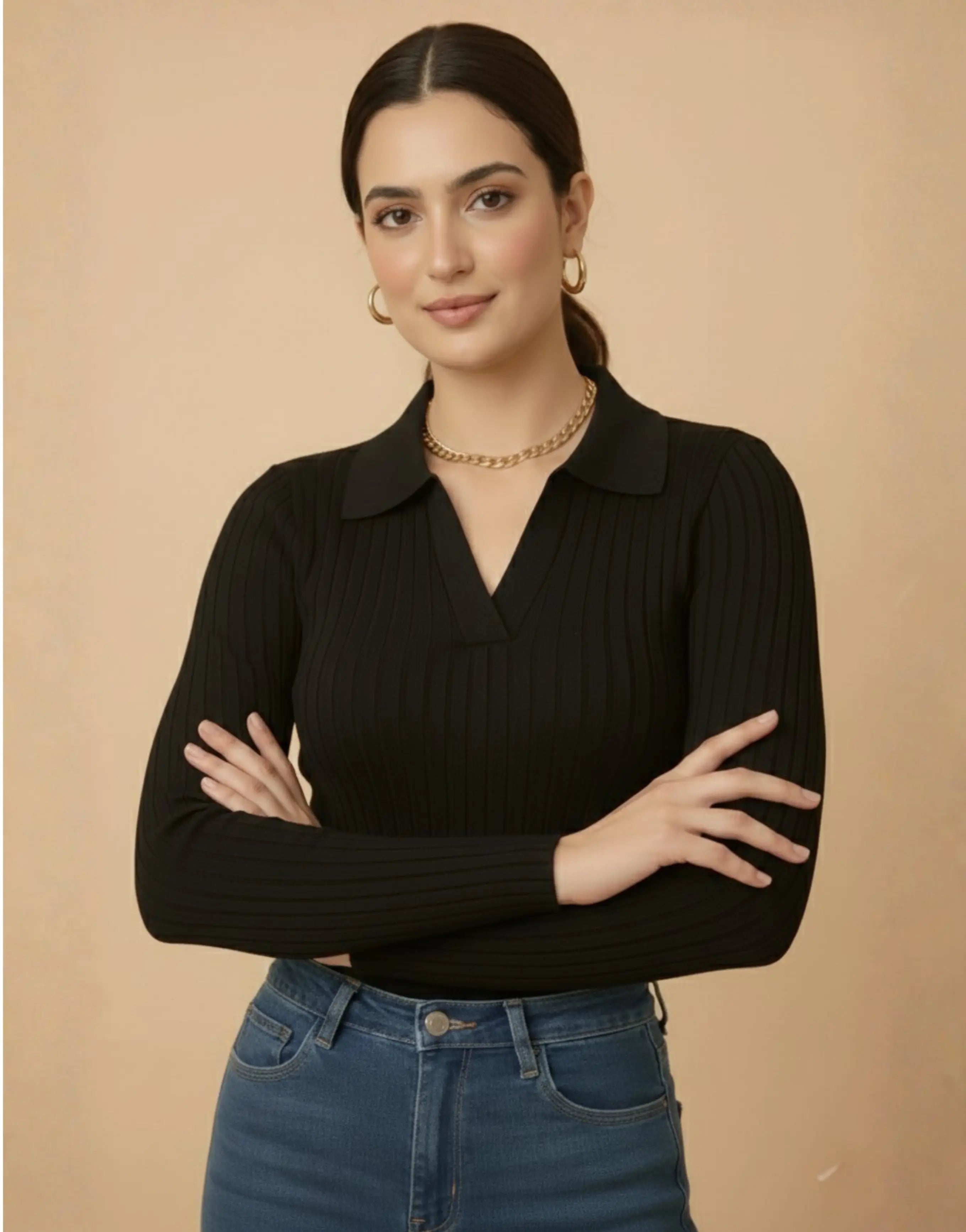 SWG Black Ribbed Knit Polo - Full Sleeves