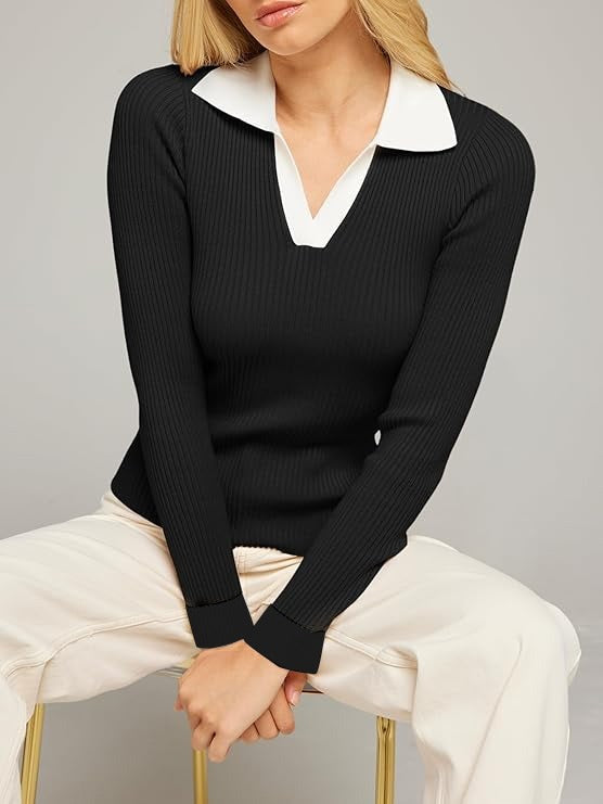 Black ribbed polo top main image 1